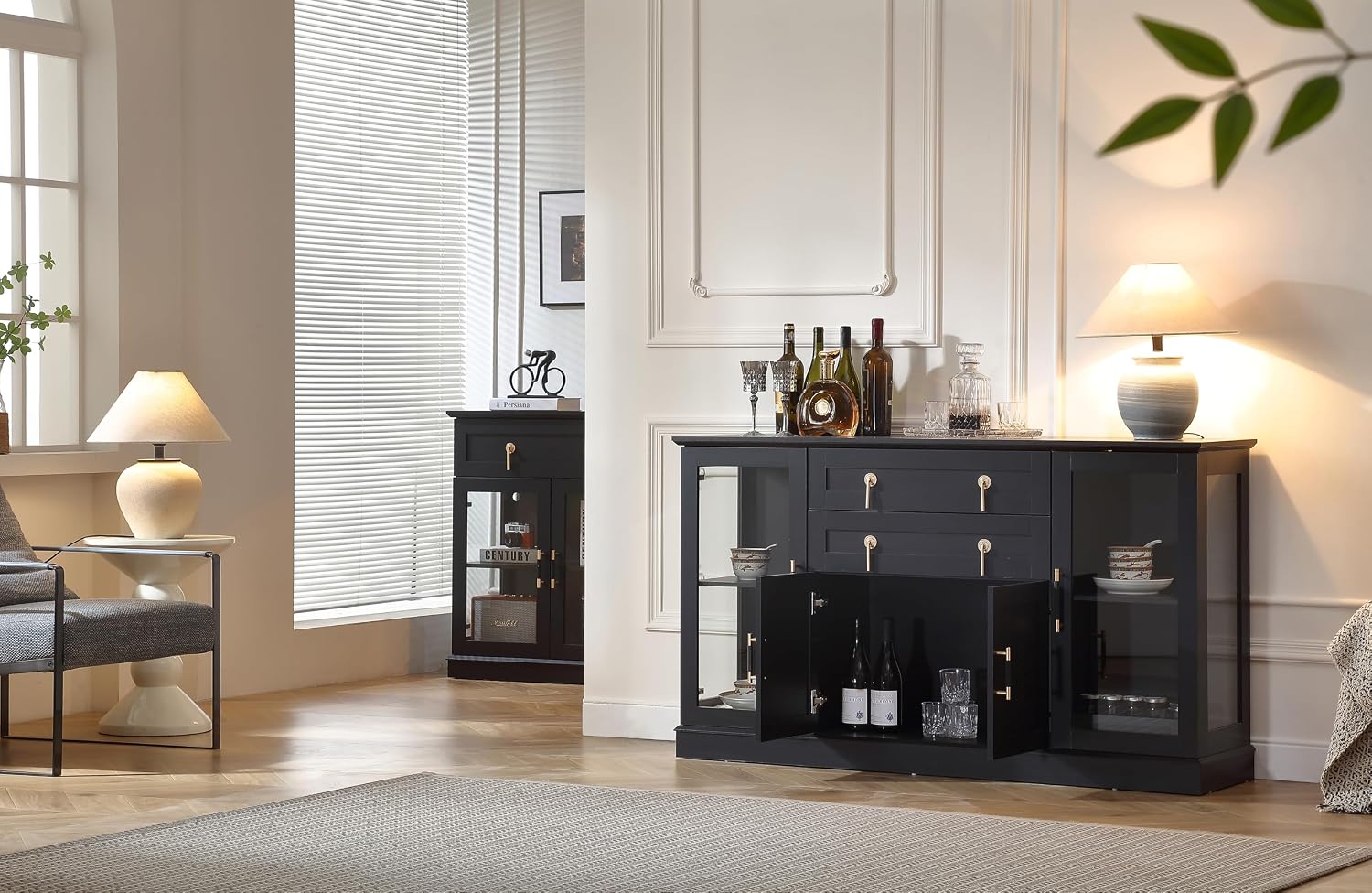 FOREST GRAVITY 58.27'' Buffet Cabinet with 2 Drawers,LED and Adjustable Shelves,Large Glass Door Coffee Bar Cabinet with Storage,Modern Farmhouse Sideboard Credenza for Kitchen,Black