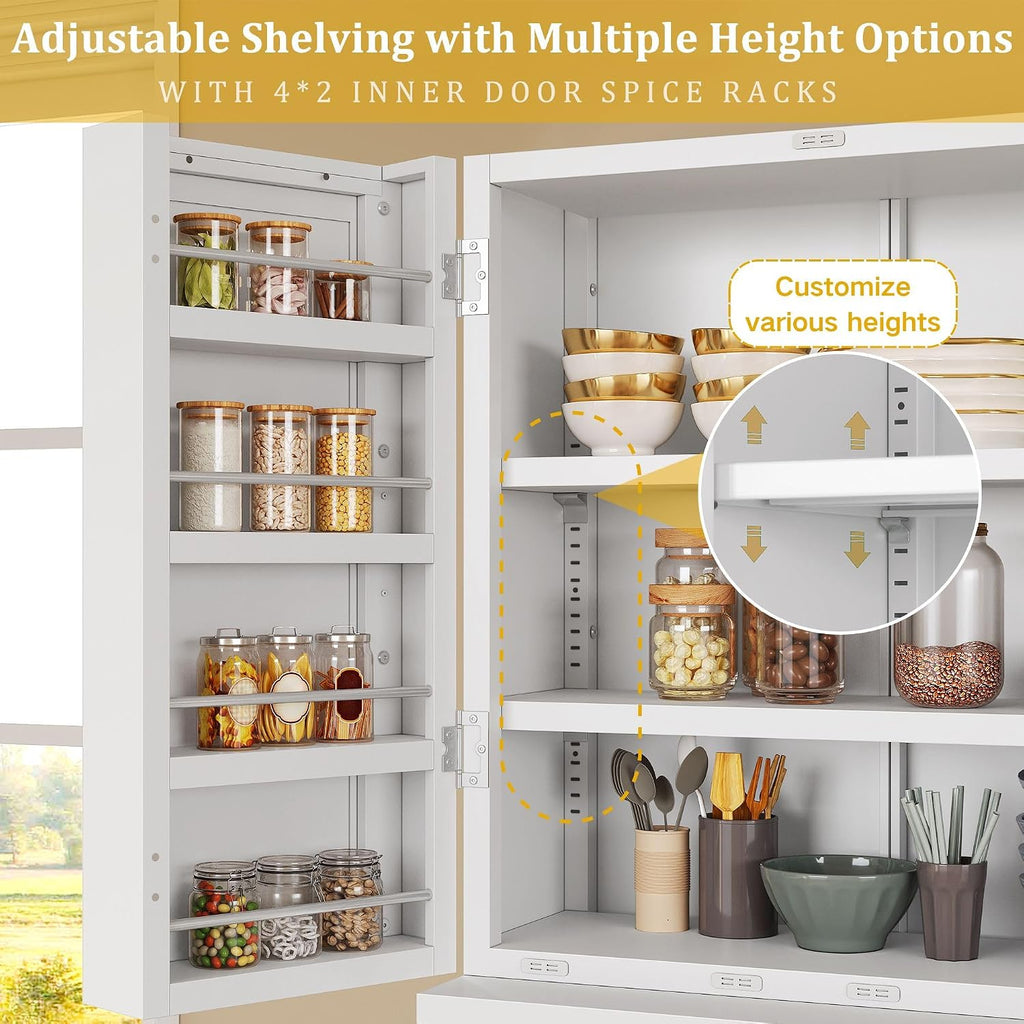 DWVO Metal Storage Cabinet, 71' Kitchen Pantry Cabinet with 4 Door & 4 Adjustable Shelves & Drawer & Door Rack, 6-Tier Tall White Steel Cabinets for Kitchen, Living Room, Dining Room