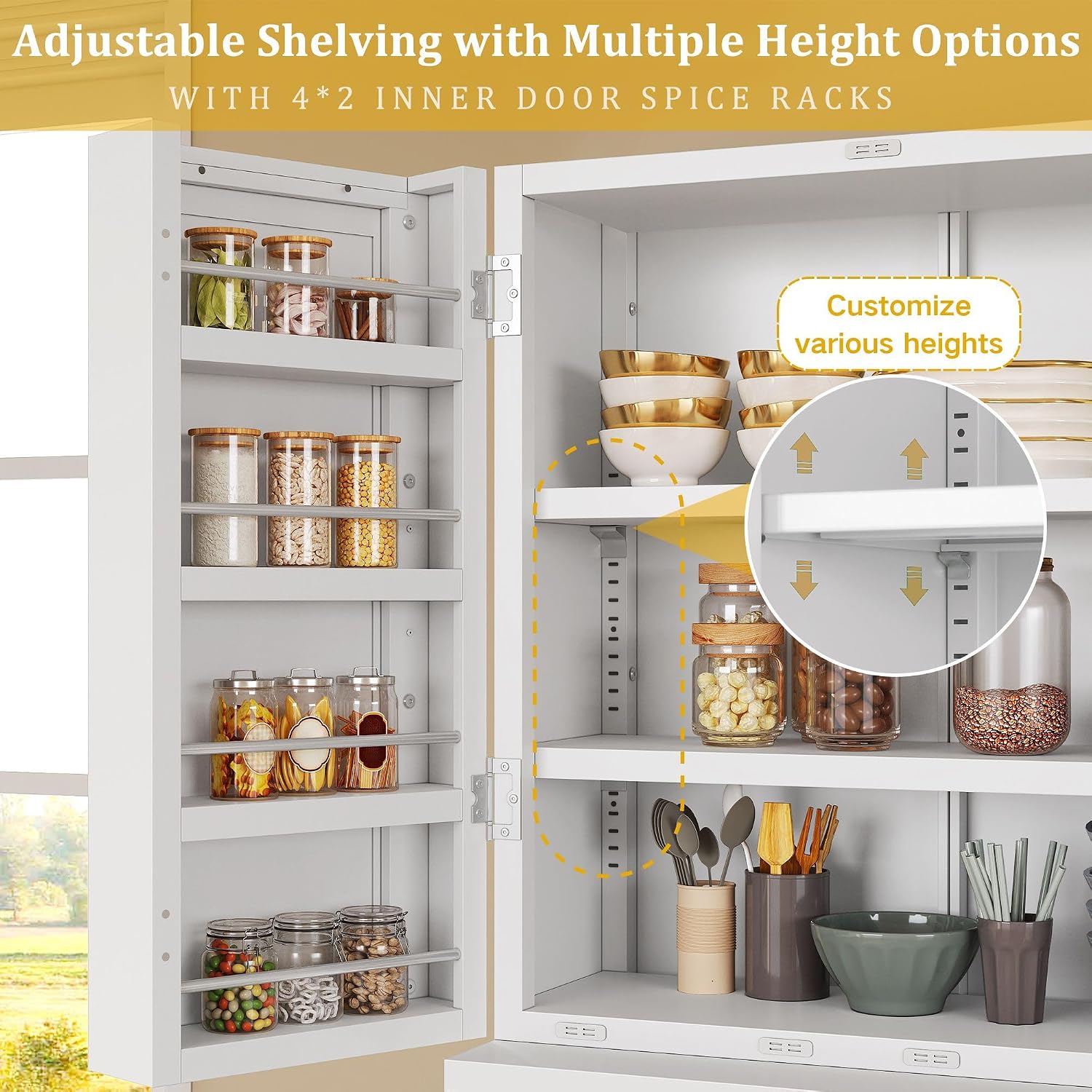 DWVO Metal Storage Cabinet, 71' Kitchen Pantry Cabinet with 4 Door & 4 Adjustable Shelves & Drawer & Door Rack, 6-Tier Tall White Steel Cabinets for Kitchen, Living Room, Dining Room