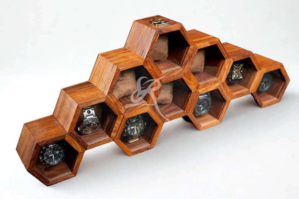 Wooden Watch Box Organizer for Men – 10 Slot Luxury Honeycomb Watch Case | Dark Rosewood Wood & Glass Display Box | Elegant Wooden Timepiece Display Case Boxes for Men – Best Gift for Him