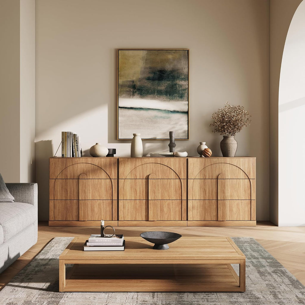 BELLEZE Sideboard Cabinet with 3 Drawers, Set of 3 Modern Wood Buffet Cabinet with Arc Design, Large Fluted Sideboard with Storage for Dining Room Living Room Entryway, Camel