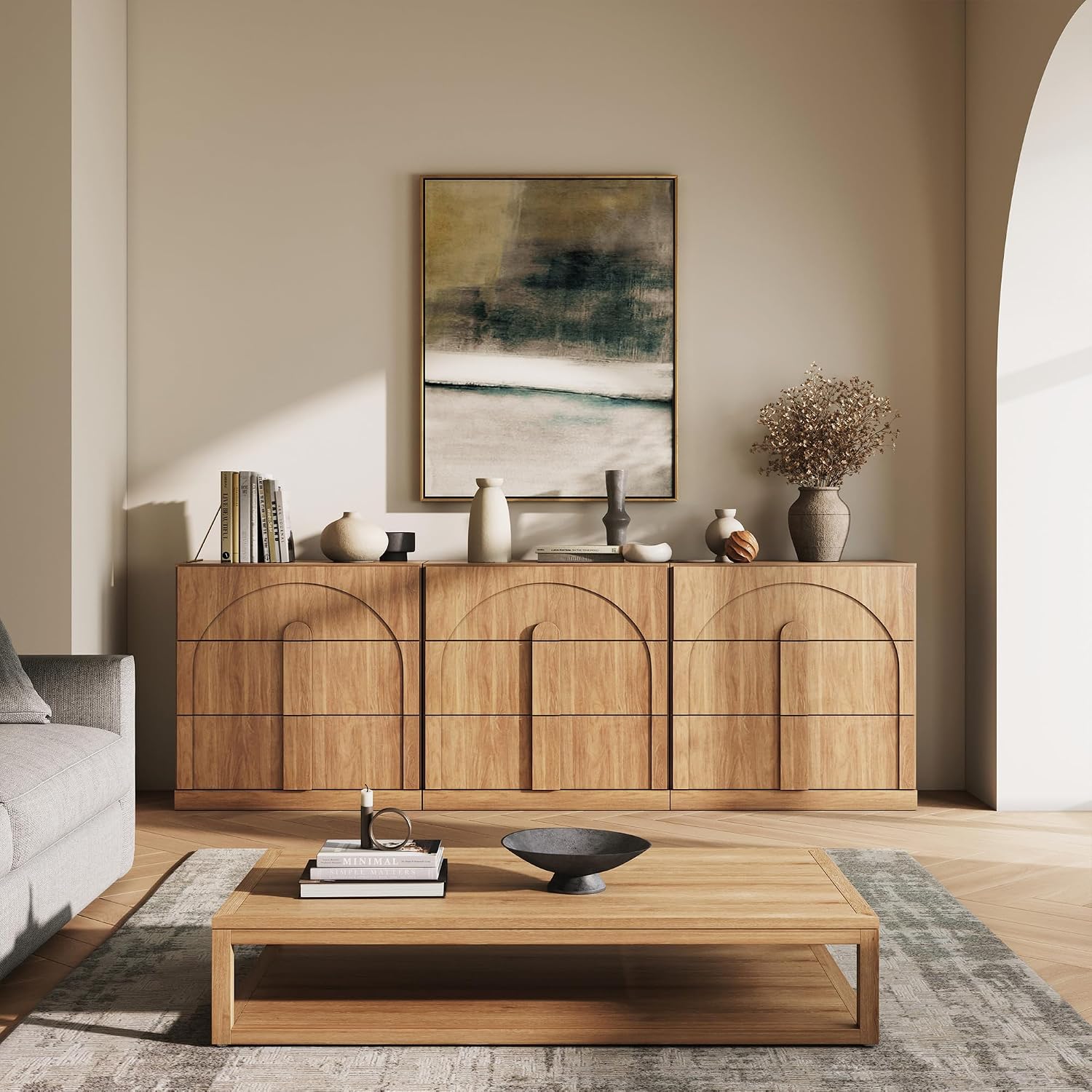 BELLEZE Sideboard Cabinet with 3 Drawers, Set of 3 Modern Wood Buffet Cabinet with Arc Design, Large Fluted Sideboard with Storage for Dining Room Living Room Entryway, Camel