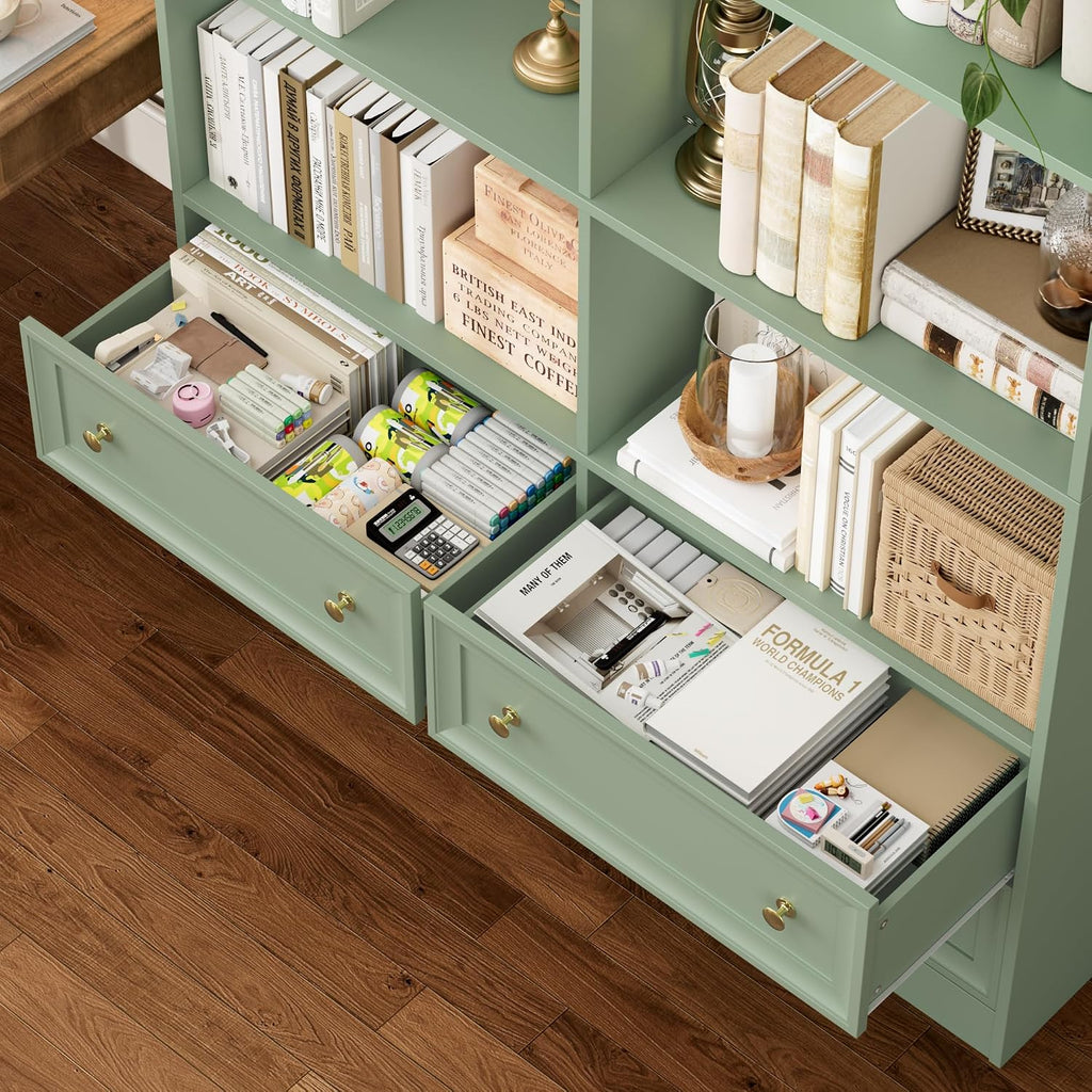 FINETONES 71' Tall Bookshelf with 4 Drawers, 6-Tier Double Wide Bookshelves and Bookcases with Storage, Green Bookshelf Large Open Bookshelves Standing Book Cabinet for Home Office