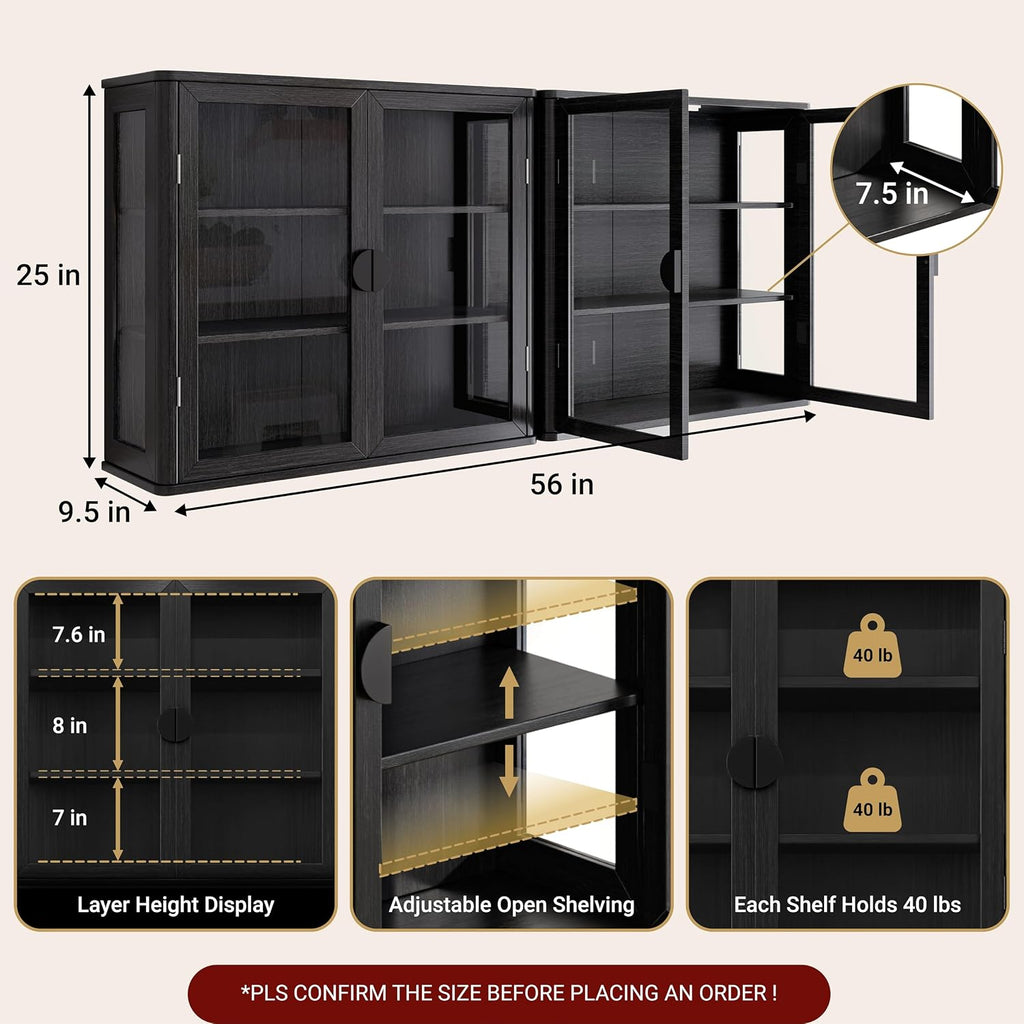 FIMELLO 56''W Wall Cabinet with Tempered Glass Doors, Bathroom Cabinet Wall Mount, Kitchen Wall Cabinet, Floating Cabinet for Bathroom, Wall Mount Salon Station for Barber, Beauty, Black