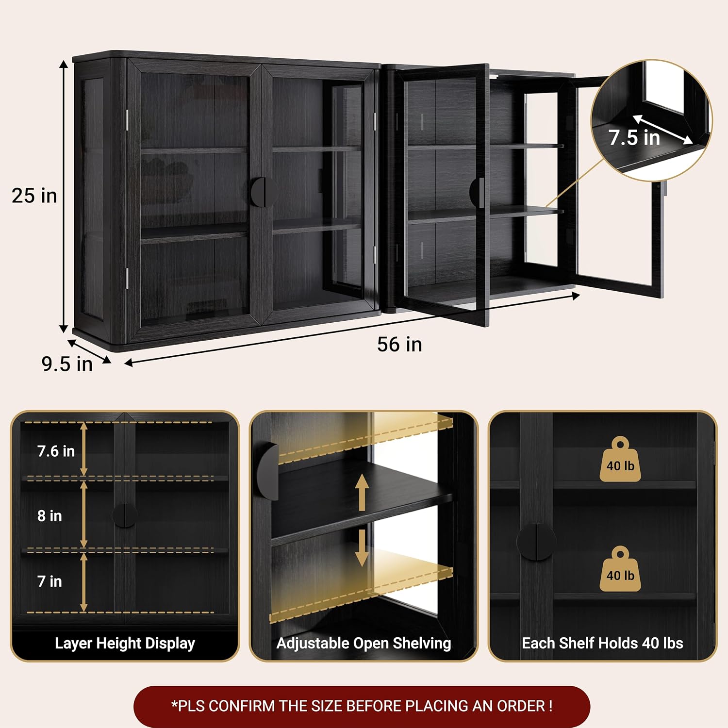 FIMELLO 56''W Wall Cabinet with Tempered Glass Doors, Bathroom Cabinet Wall Mount, Kitchen Wall Cabinet, Floating Cabinet for Bathroom, Wall Mount Salon Station for Barber, Beauty, Black
