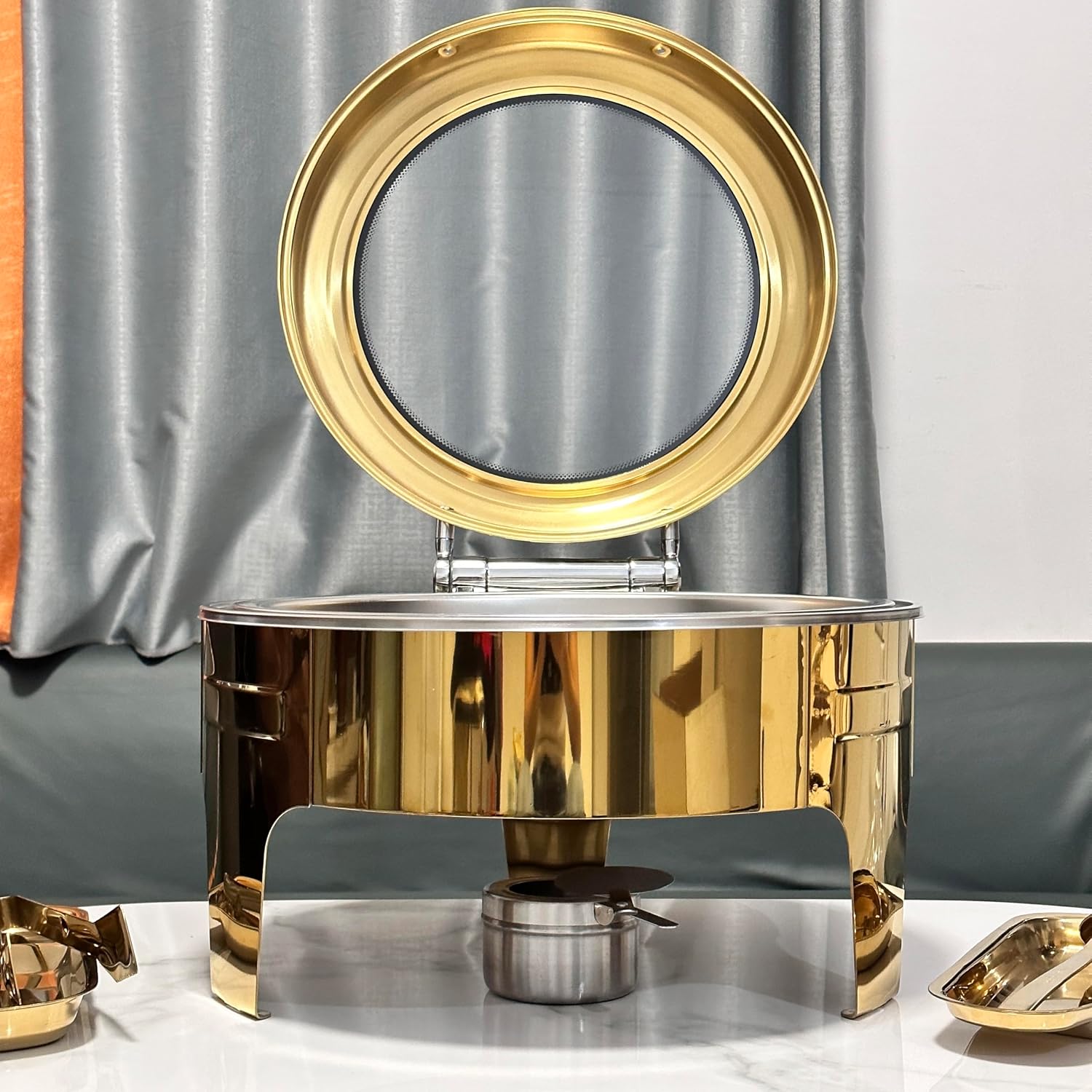 1Pack 6.8 Qt Golden Chafing Dish Buffet Set with Big Visible Window, Round Stainless Steel Buffet Servers and Warmers for Catering, Parties, Hotels and Weddings