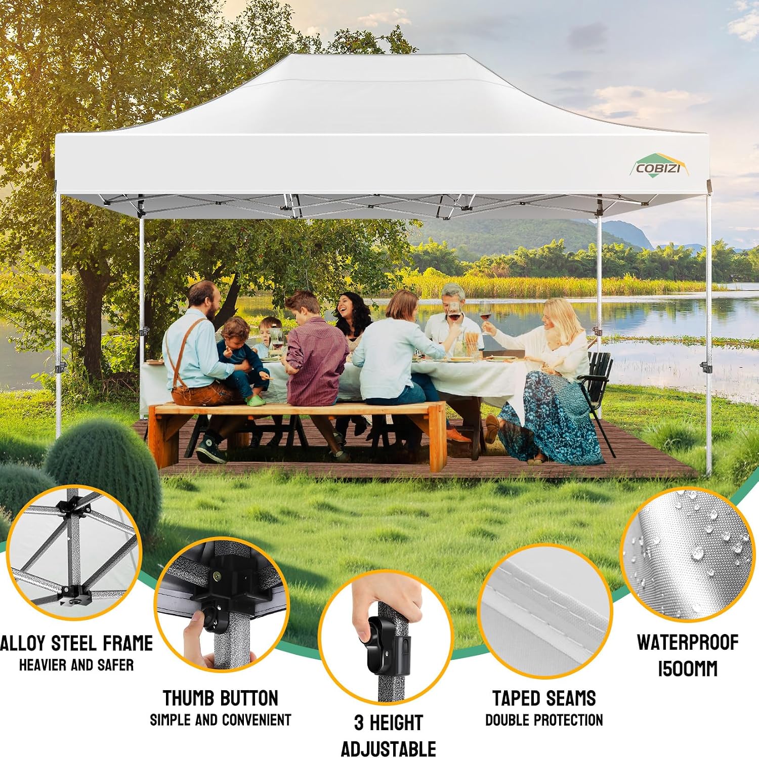 COBIZI 10x15 Pop up Canopy Tent Heavy Duty, Easy Set-up Commercial Outdoor Party Tent, 100% Waterproof Wedding Tents Gazebo, 3 Height Adjustable with Wheeled Bag, White