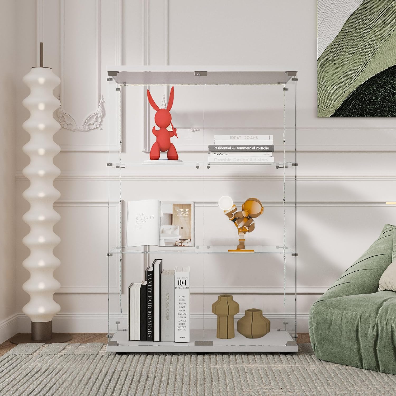 Modern Glass Display Cabinet 3-Shelf with LED Light and Lock, 2 Door Curio Cabinets,Tempered Glass Collection Display Showcase for Living Room Home Office,30.9x13.5x49 H,White