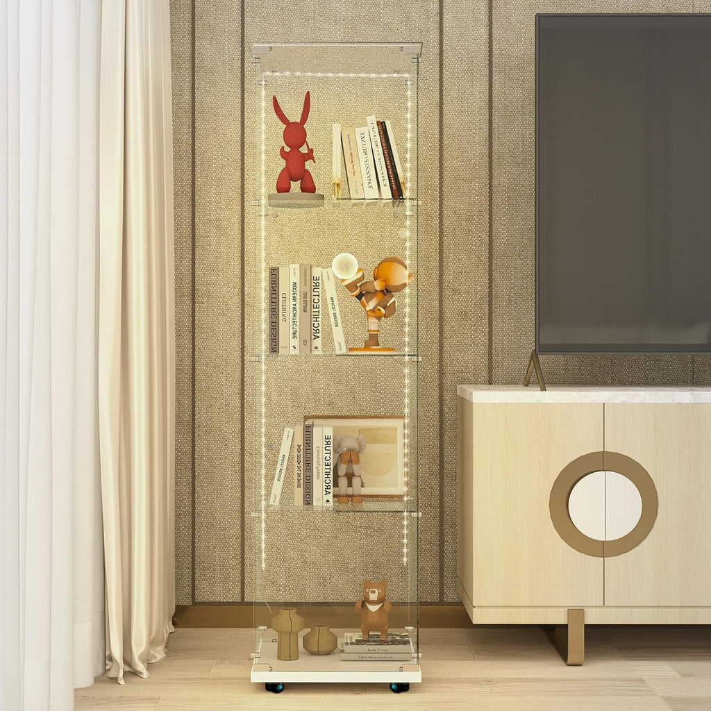 65' Tall Tempered Glass Display Cabinet with LED Lights&Rolling Wheels, Curio Cabinet with 4 Shelves with 1 Door, Quick-Install Style Floor Standing Bookshelf File Cabinet for Living Room Office