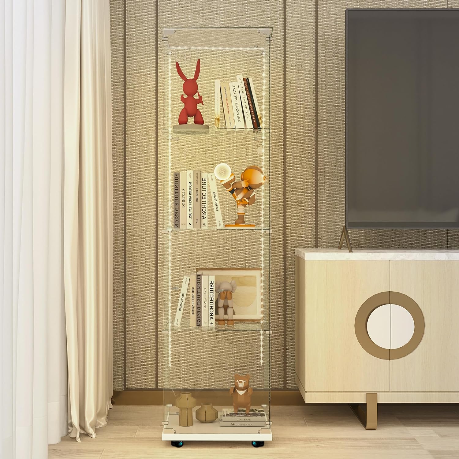 65' Tall Tempered Glass Display Cabinet with LED Lights&Rolling Wheels, Curio Cabinet with 4 Shelves with 1 Door, Quick-Install Style Floor Standing Bookshelf File Cabinet for Living Room Office