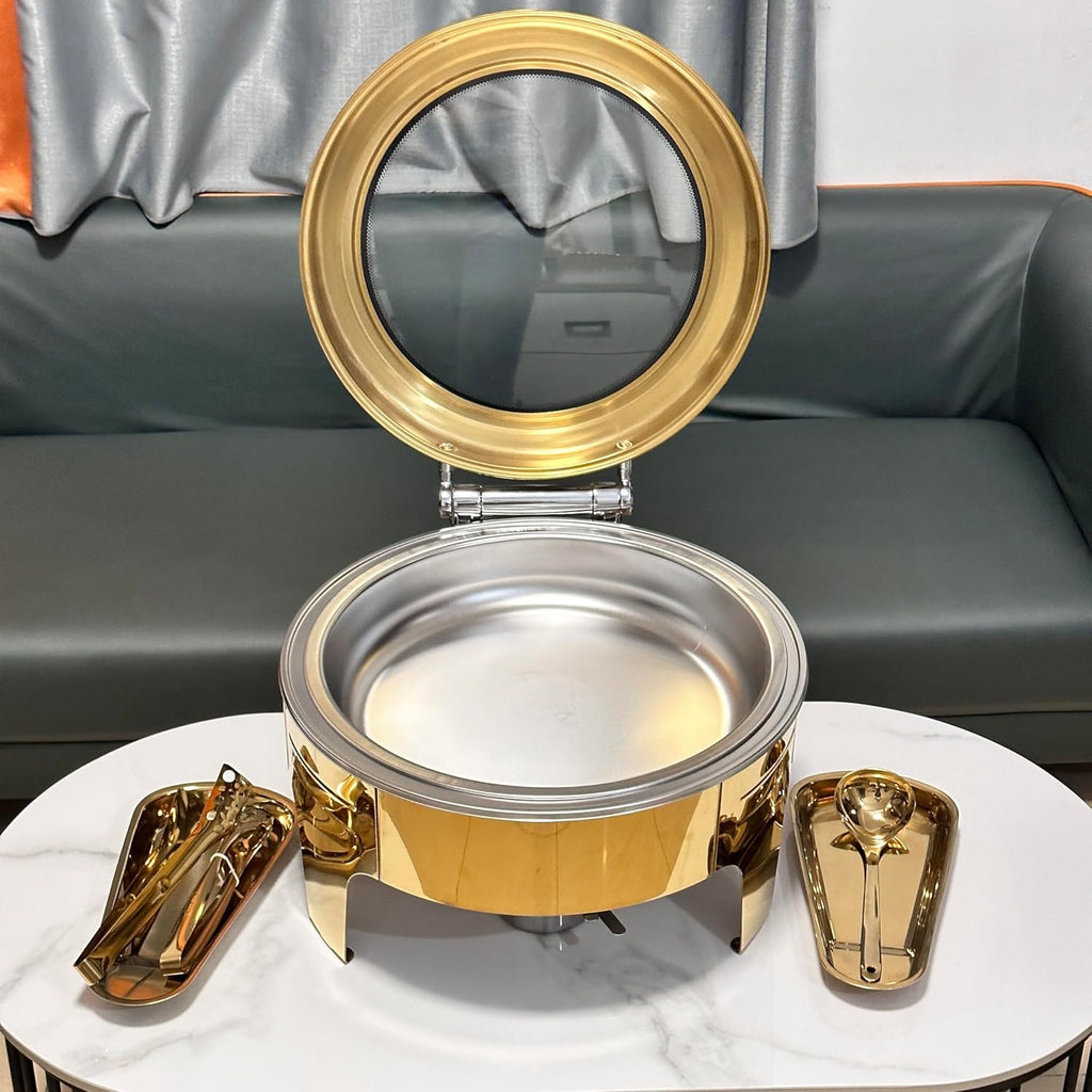 1Pack 6.8 Qt Golden Chafing Dish Buffet Set with Big Visible Window, Round Stainless Steel Buffet Servers and Warmers for Catering, Parties, Hotels and Weddings