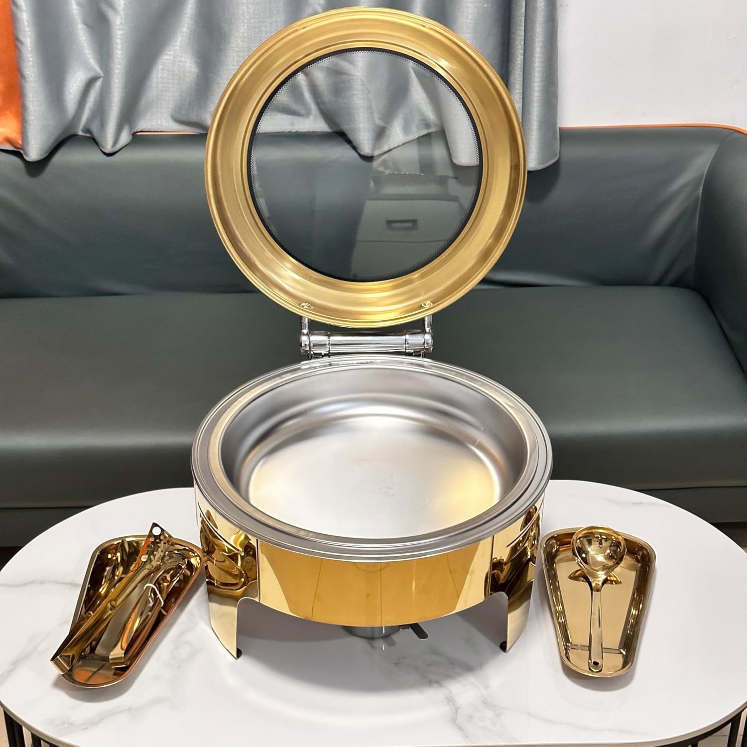 1Pack 6.8 Qt Golden Chafing Dish Buffet Set with Big Visible Window, Round Stainless Steel Buffet Servers and Warmers for Catering, Parties, Hotels and Weddings
