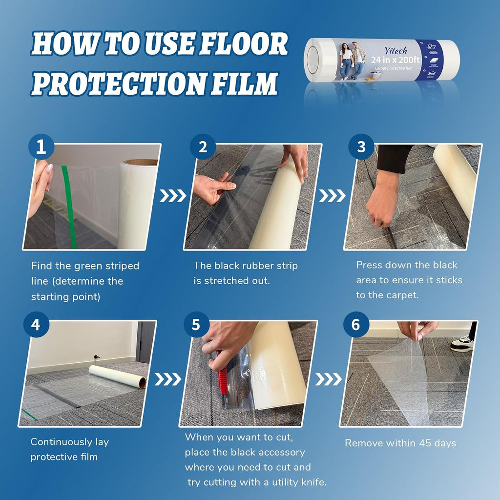 Yiech Carpet Protection Film 36' x 500' – Clear self-adhesive protective film for carpets and floors, waterproof and puncture-resistant shield, easy to install and remove, ideal for construction