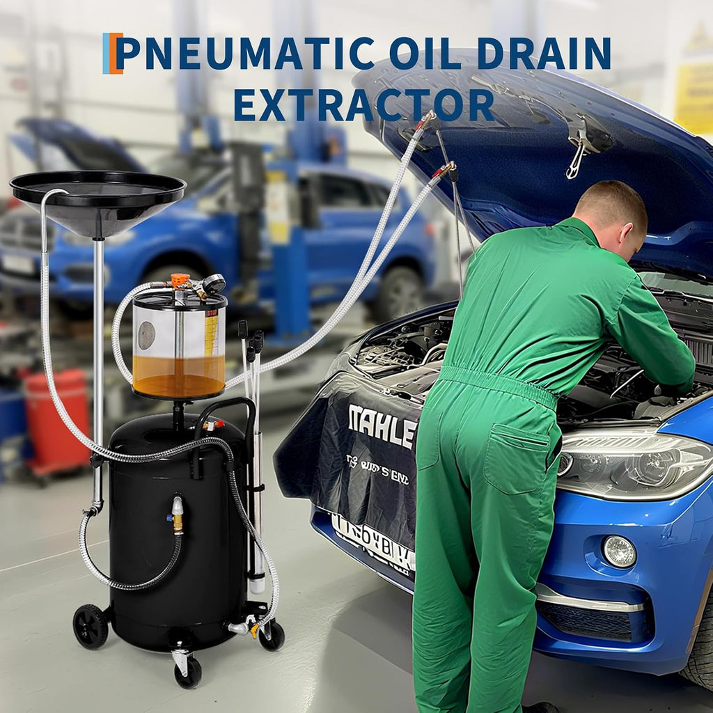 20 Gallon Waste Oil Drain Tank, Air Operated Portable Oil Drainer with Adjustable Funnel, Fluid Fuel Transfer Drainage with Wheels, Oil Change Container for Automotive Workshops
