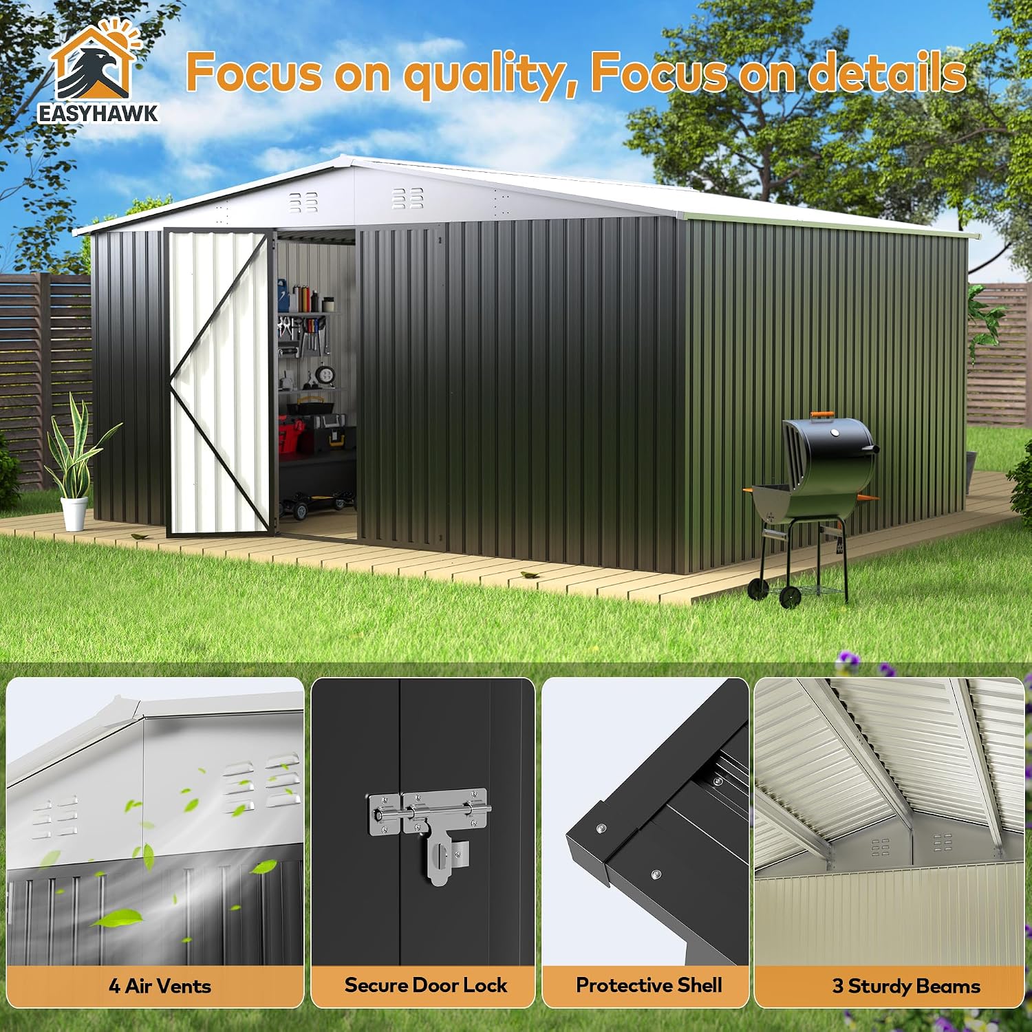 14 x 12FT Outdoor Storage Shed, Metal Waterproof Storage Shed Steel Utility Garden Tool Shed with Door & Lock Outdoor Storage,All-Weather Shelter for Bike, Gardening Tools, Lawn Mowers,White