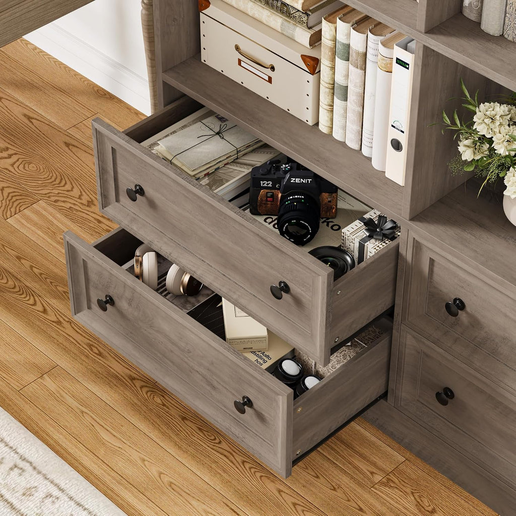 FINETONES 71' Tall Bookshelf with 4 Drawers, 6-Tier Double Wide Bookshelves and Bookcases with Storage, Ash Grey Bookshelf Large Open Bookshelves Standing Book Cabinet for Home Office