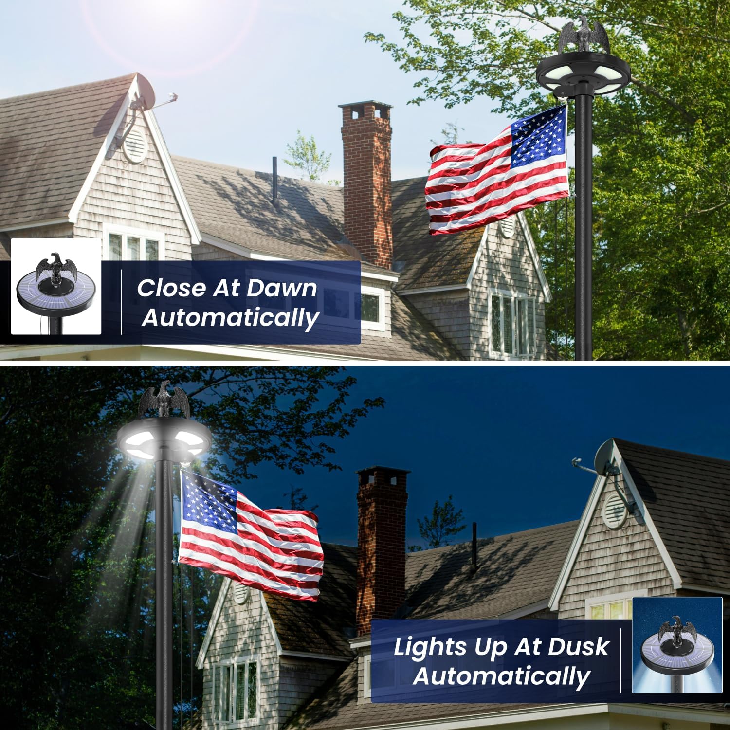 20FT Heavy Duty Flag Pole for Outside House, 100MPH Wind Rated 12 Gauge Extra Thick Aluminum Flagpole Kit, Black Eagle Topper & Solar Light, All-Weather Yard Display with Ground Sleeve, 3x5 USA Flag (Black, 20 FT with Light)