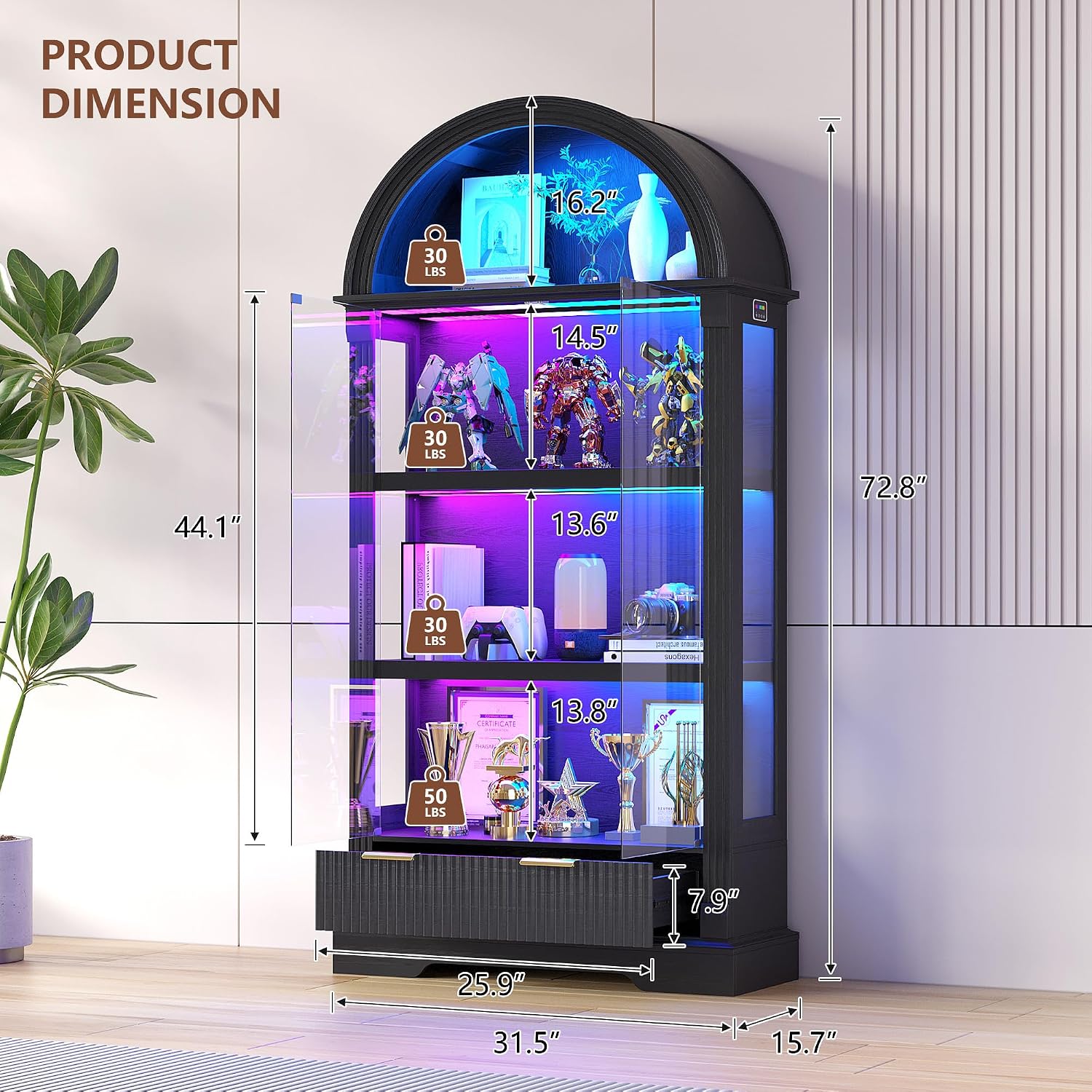Dystler Curio Cabinet with RGB Lights, 72' Tall Arched Display Cabinet with Glass Doors, 4-Tier Large Shelf Display Case for Collectibles Bookcase Living Room, Black