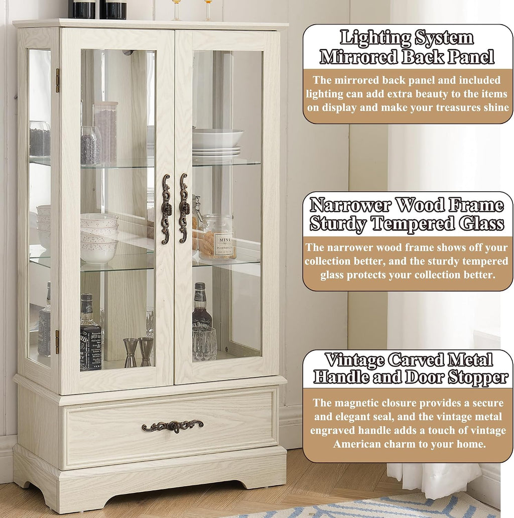 47' H Lighted Curio Cabinet Display Case, Glass Case with Adjustable Shelves,Tempered Glass Door and Drawer, Wooden Curio Cabinet with Mirrored Back Pane for Living Room (Antique White)