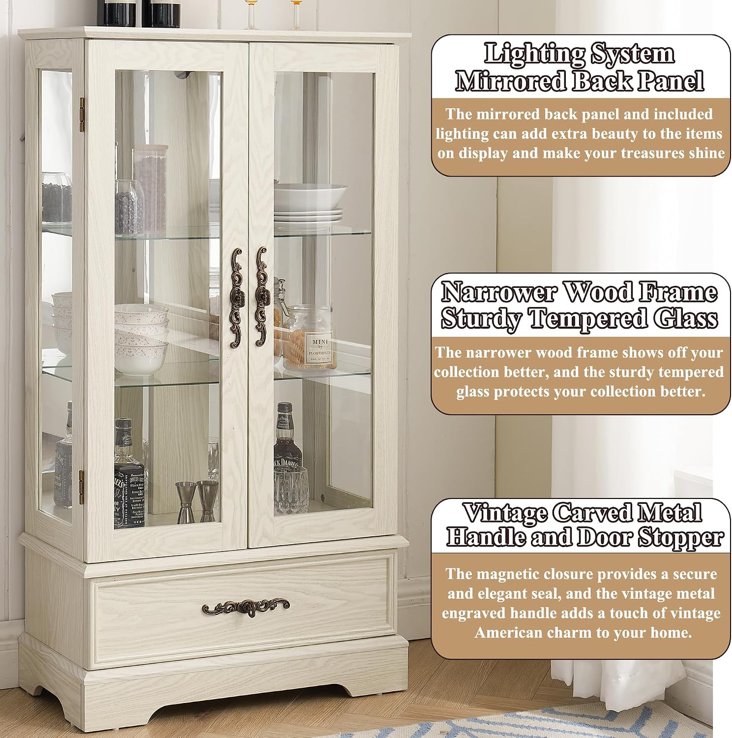 47' H Lighted Curio Cabinet Display Case, Glass Case with Adjustable Shelves,Tempered Glass Door and Drawer, Wooden Curio Cabinet with Mirrored Back Pane for Living Room (Antique White)