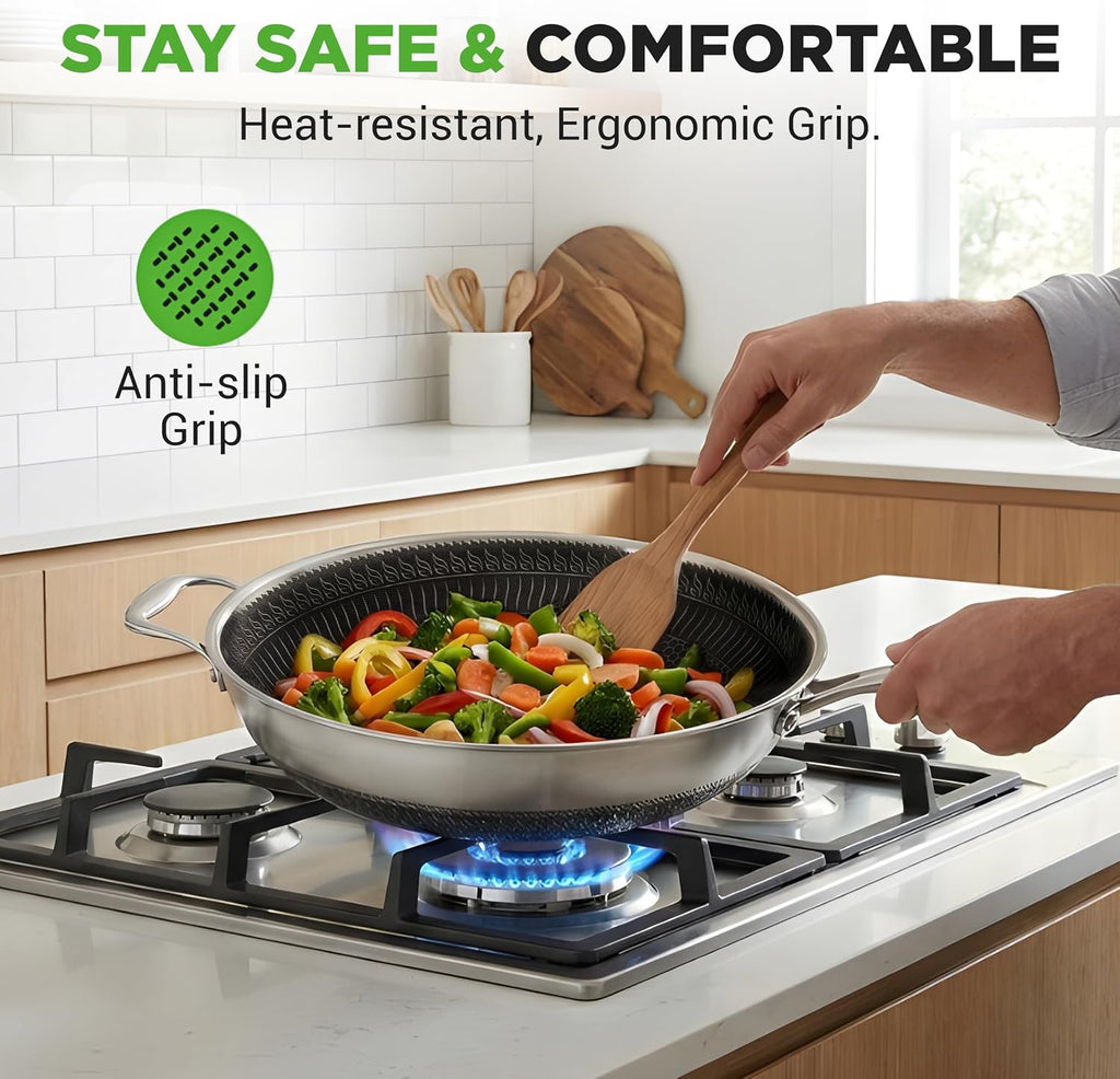 NutriChef 7-Piece Tri-Ply Stainless Steel Frying Pan Set & Wok – Nonstick, Induction Compatible, Oven Safe, Scratch-Resistant, Dishwasher Safe