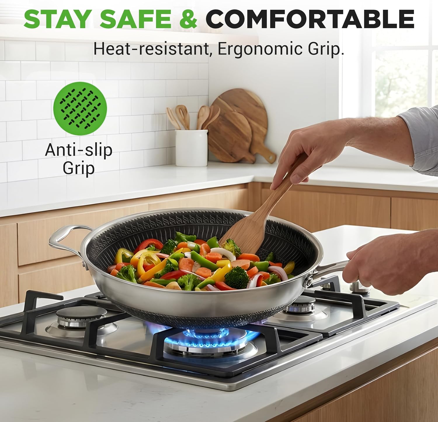 NutriChef 7-Piece Tri-Ply Stainless Steel Frying Pan Set & Wok – Nonstick, Induction Compatible, Oven Safe, Scratch-Resistant, Dishwasher Safe