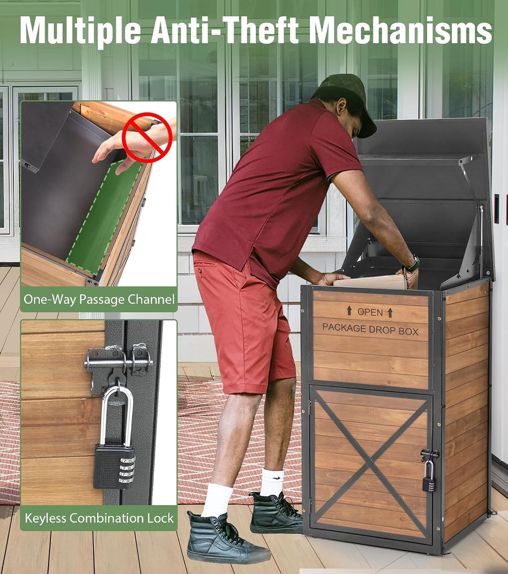 Package Delivery Boxes for Outside, Anti-Theft & Weatherproof Solid Wood with Iron Frame, Parcel Drop Box with Combination Lockable, Lockable Secure Package Holder for Porch