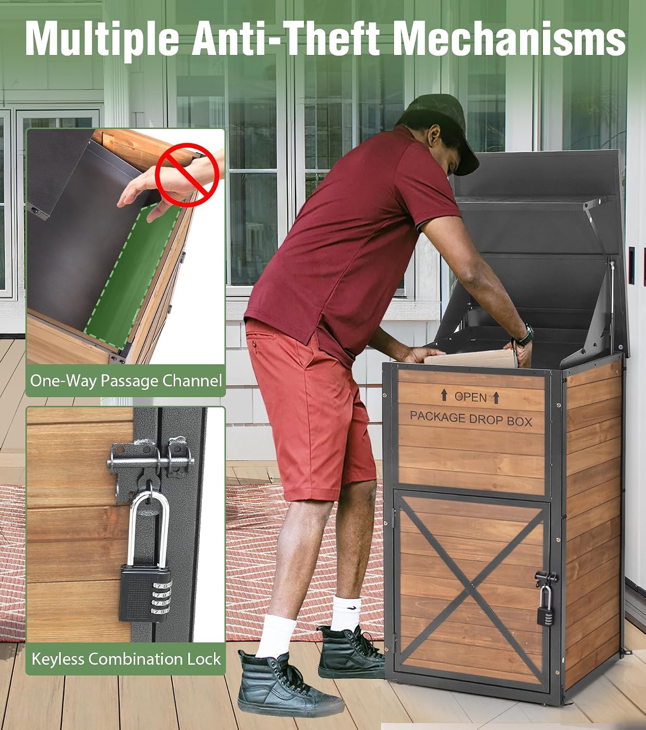 Package Delivery Boxes for Outside, Anti-Theft & Weatherproof Solid Wood with Iron Frame, Parcel Drop Box with Combination Lockable, Lockable Secure Package Holder for Porch