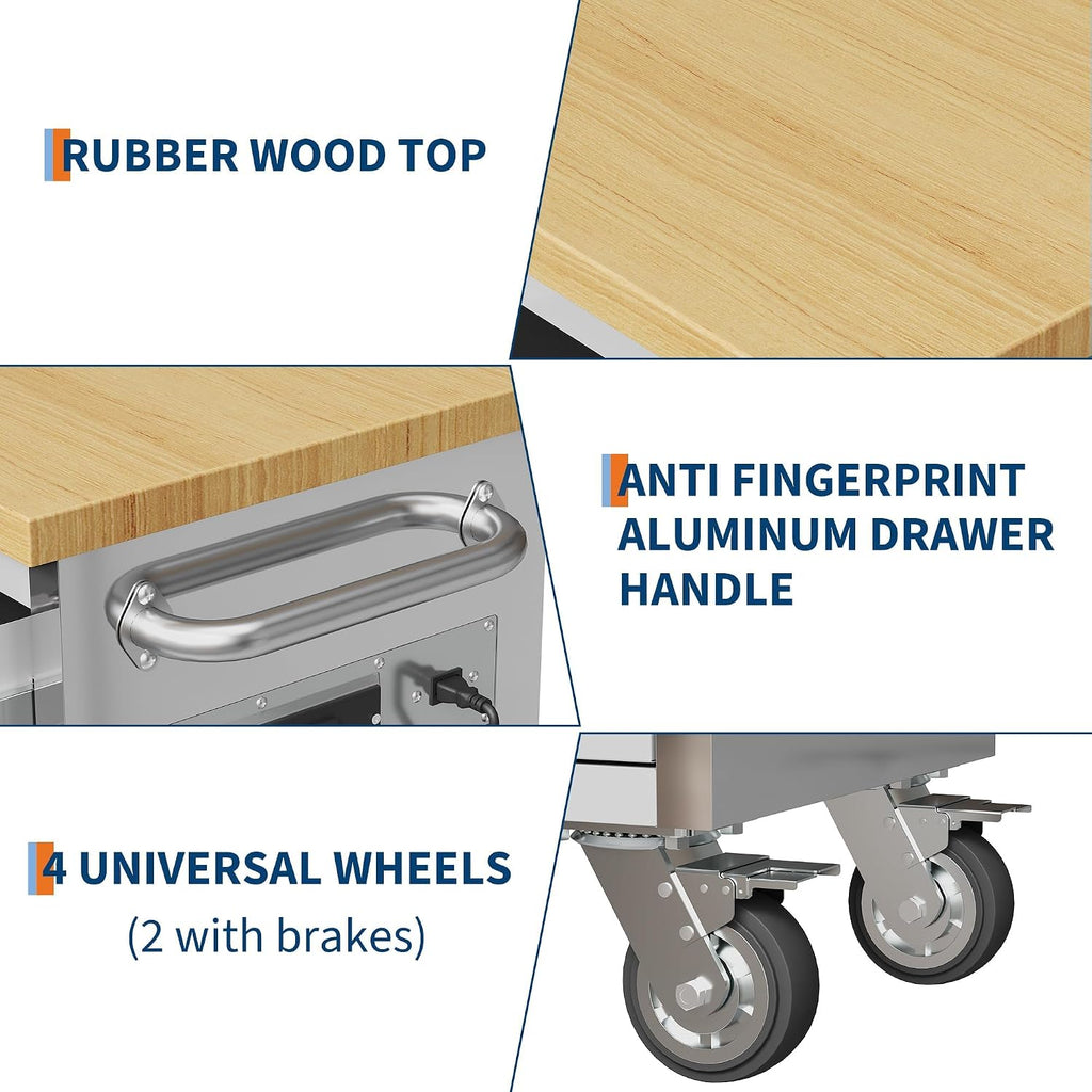 72' Rolling Tool Chest with 15 Drawers, Solid Rubber Wood Workbench Top, Locking Wheels & Key Lock, Mobile Garage Tool Cabinet for Workshop Storage and Organization, Silver