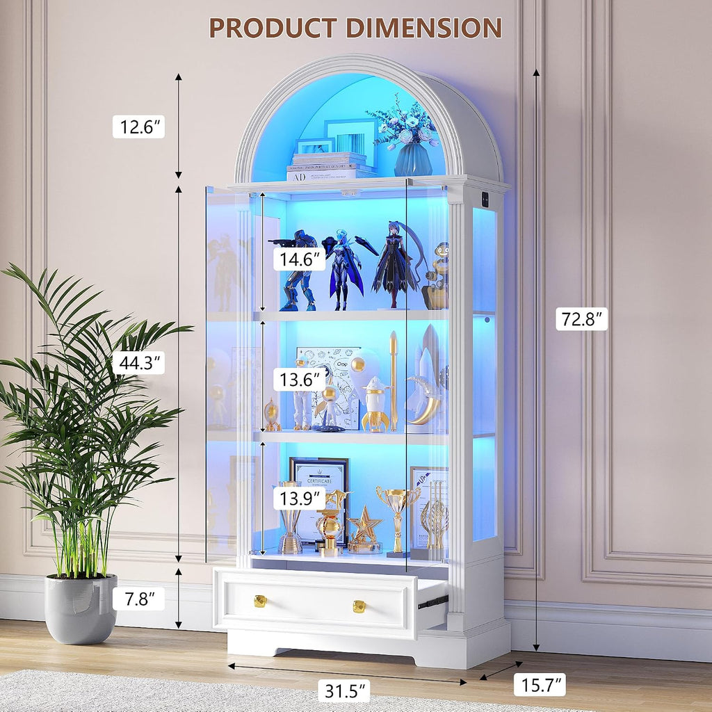 Dystler Lighted Display Cabinet with Glass Doors, 72' Tall Curio Cabinet - 4 Tier Display Case with Human Sensor Lights, Bookcase for Collectibles Toys Books, White