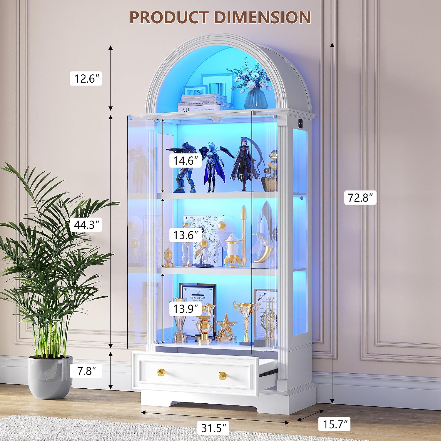 Dystler Lighted Display Cabinet with Glass Doors, 72' Tall Curio Cabinet - 4 Tier Display Case with Human Sensor Lights, Bookcase for Collectibles Toys Books, White