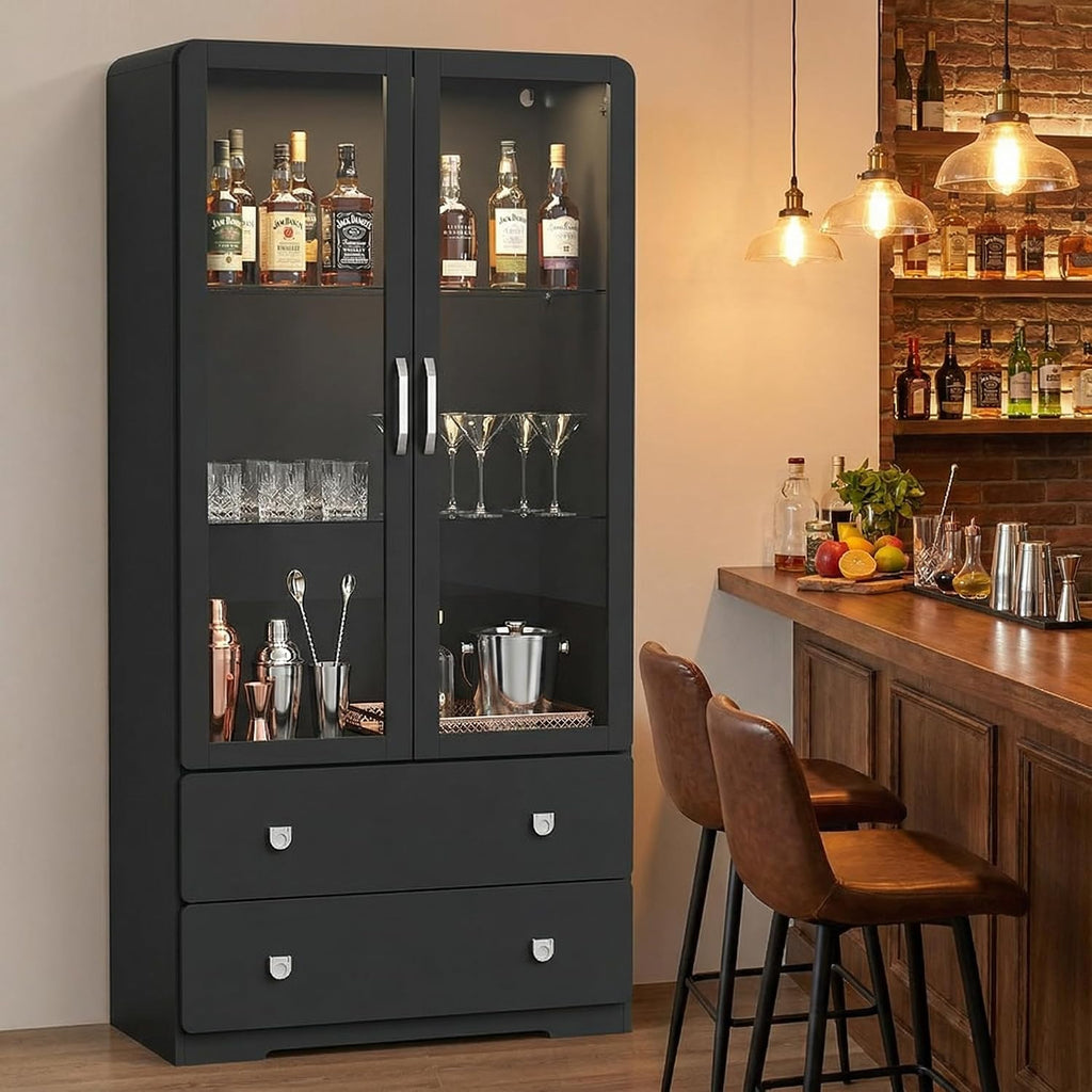 RoyalCraft 64' Tall Display Cabinet with 2 Storage Drawers and Acrylic Doors, Wooden Frame Curio Cabinet with LED Lights, 3-Tier Adjustable Glass Display Case for Collectibles, Living Room, Black