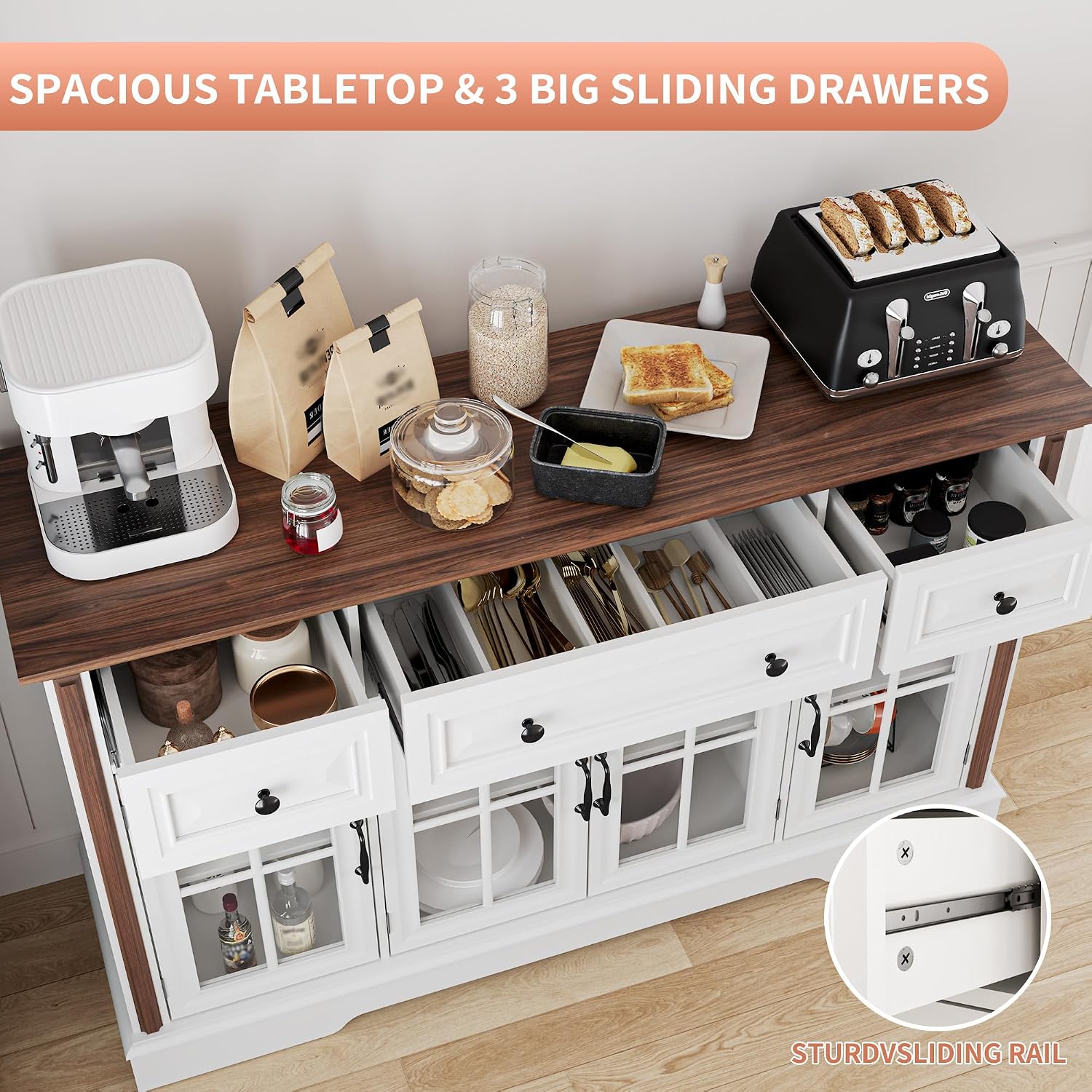 Sideboard Buffet Cabinet with Storage and Glass Doors,4-Door Cabinet with 3 Drawers,53.5' Farmhouse Modern Sideboard with Adjustable Shelves,Coffee Bar Cabinet for Kitchen & Dining Room,White