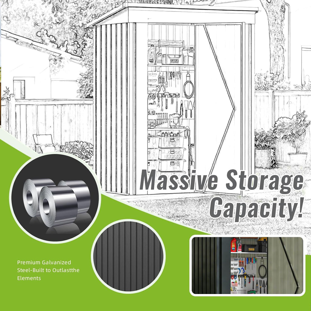 5 x 3FT Metal Outdoor Storage Shed, Waterproof Garden Utility Shed with Lockable Door, All-Weather Storage Shelter for Bikes,Tool for Patio Lawn Backyard Garden Black