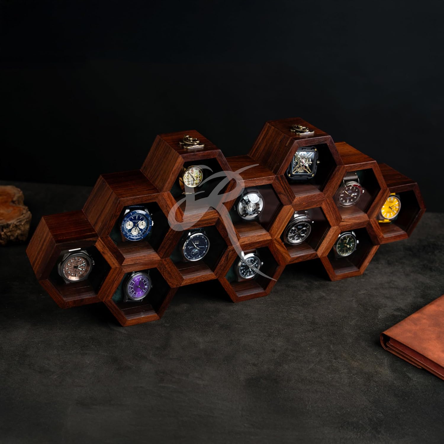 Extra Large 12 Slot Superior Rosewood Honeycomb Wall Mounted Watch Box Display Case Holder for Men, Vintage Hanging Watch Storage Organizer to Keep Watches Safe and Sophisticated