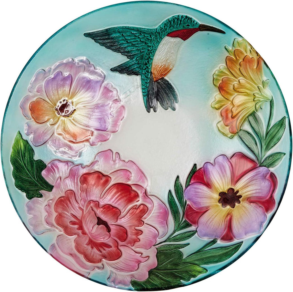 Evergreen Garden 18' Solar Hand Painted Embossed Glass Bird Bath with Stand, Floral Hummingbird Garden Décor and Accessories for Home and Yard