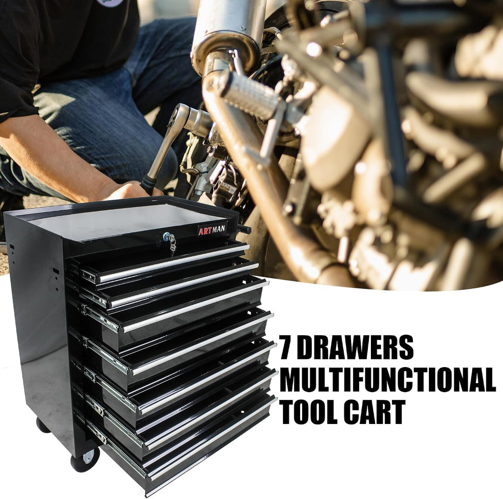 Rolling Tool Cart with 7 Drawers, Lockable Heavy-Duty Steel Cabinet on Wheels, 1000 lb Capacity, Ball-Bearing Slides, Powder-Coated Finish, Black