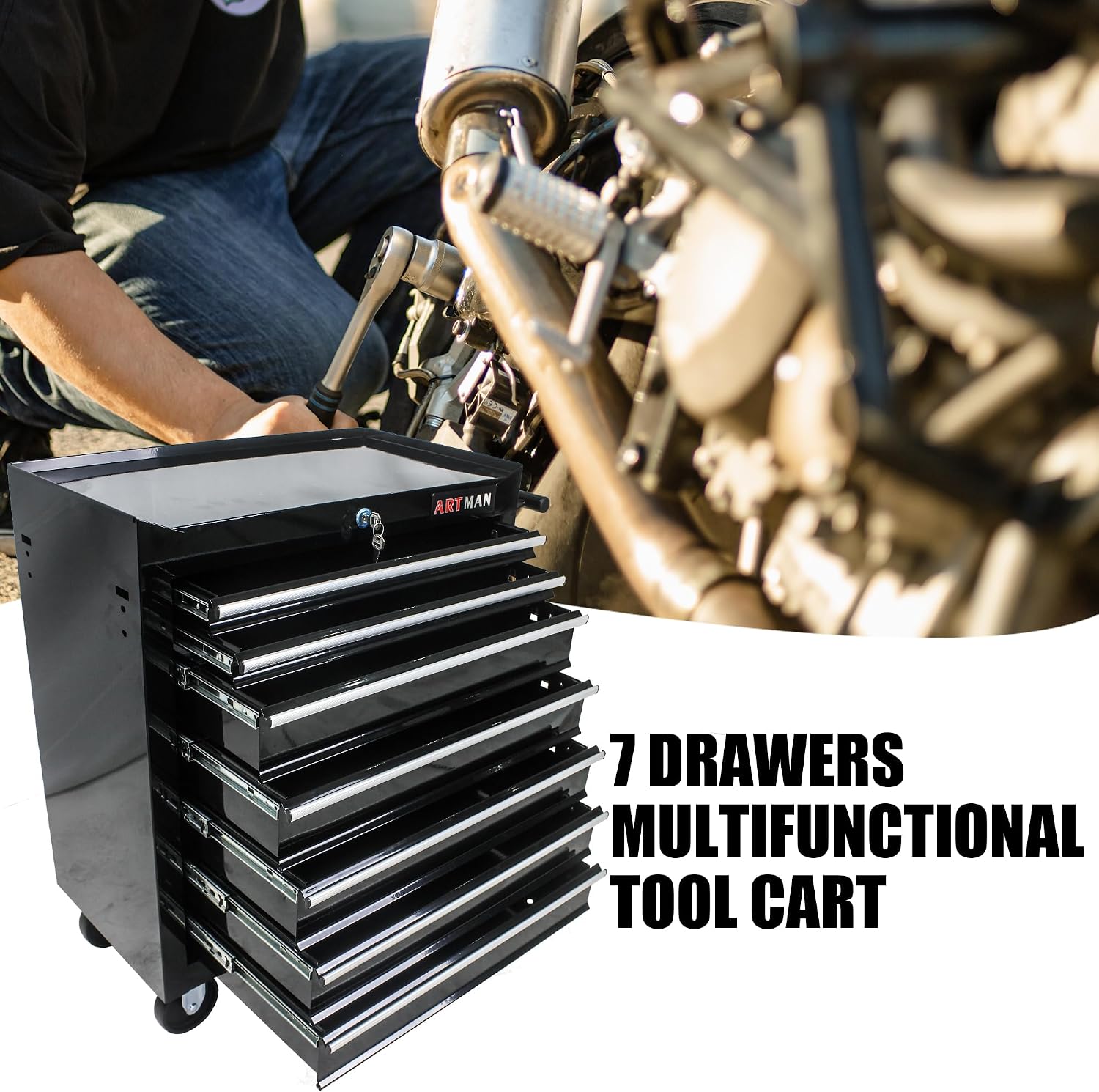 Rolling Tool Cart with 7 Drawers, Lockable Heavy-Duty Steel Cabinet on Wheels, 1000 lb Capacity, Ball-Bearing Slides, Powder-Coated Finish, Black