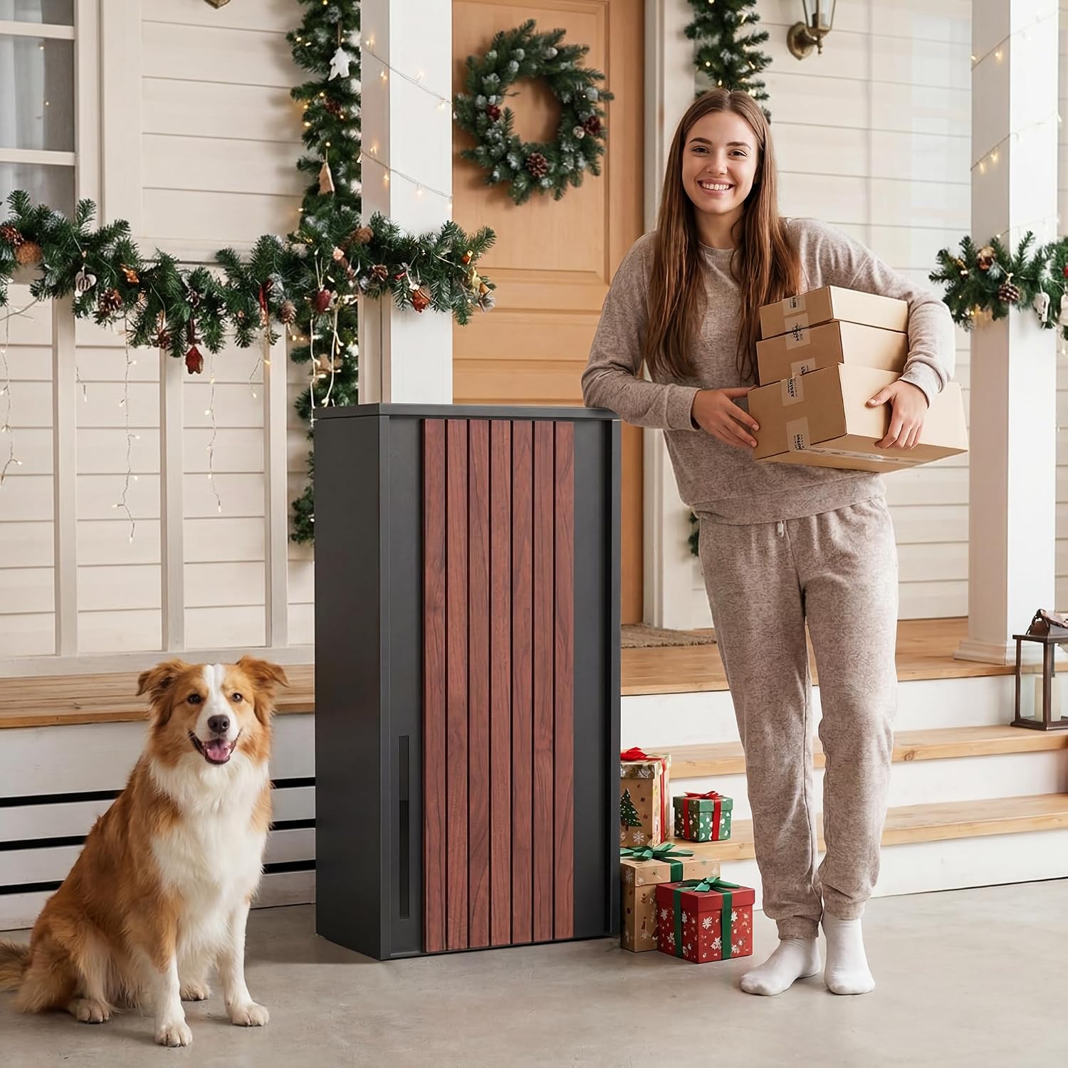 Merapi Package Delivery Box for Outside, 34.6' x 15.7' x 15.7' Cold-Rolled Steel Delivery Box for Packages & Mails, Anti-Theft Lockable Large Mailbox for Porch, House, Curbside, Black-S