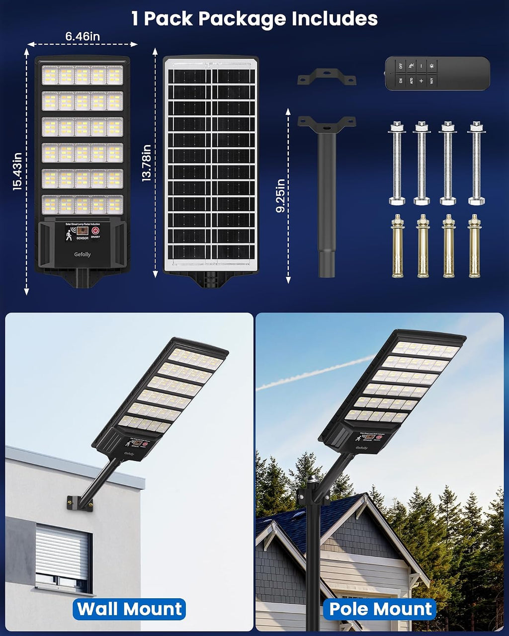 Gefolly Solar Lights Outdoor, 3000K/4000K/6000K Street Lights Outdoor Dusk to Dawn, IP67 Waterproof Solar Flood Security Lights with Motion Sensor for Warehouse, Yard, Garage-2Pack