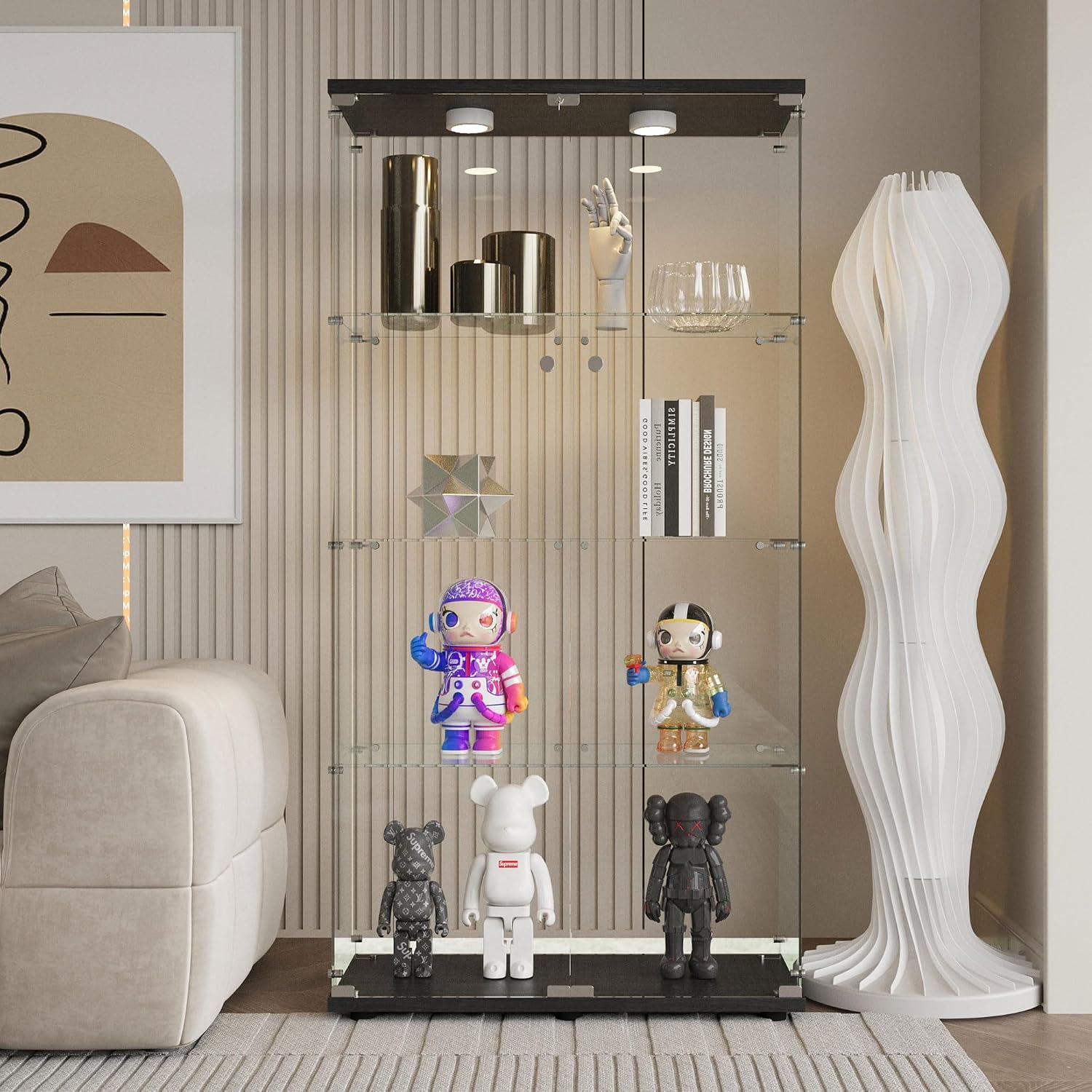 64.69' Tall Tempered Glass Display Cabinet with LED Lights, Curio Cabinet with 4 Shelves with 2 Door, Quick-Install Style Floor Standing Bookshelf File Cabinet for Living Room Office