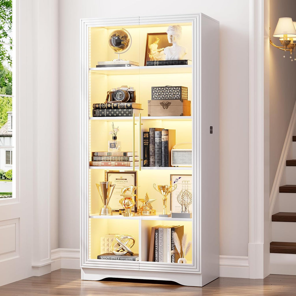 LVSOMT Display Cabinet with Glass Doors and Adjustable Shelves, 65' Tall Bookcase with LED Lights and Human Sensor, 5 Tier Display Case for Collectibles with Storage, Home Office Living Room, White