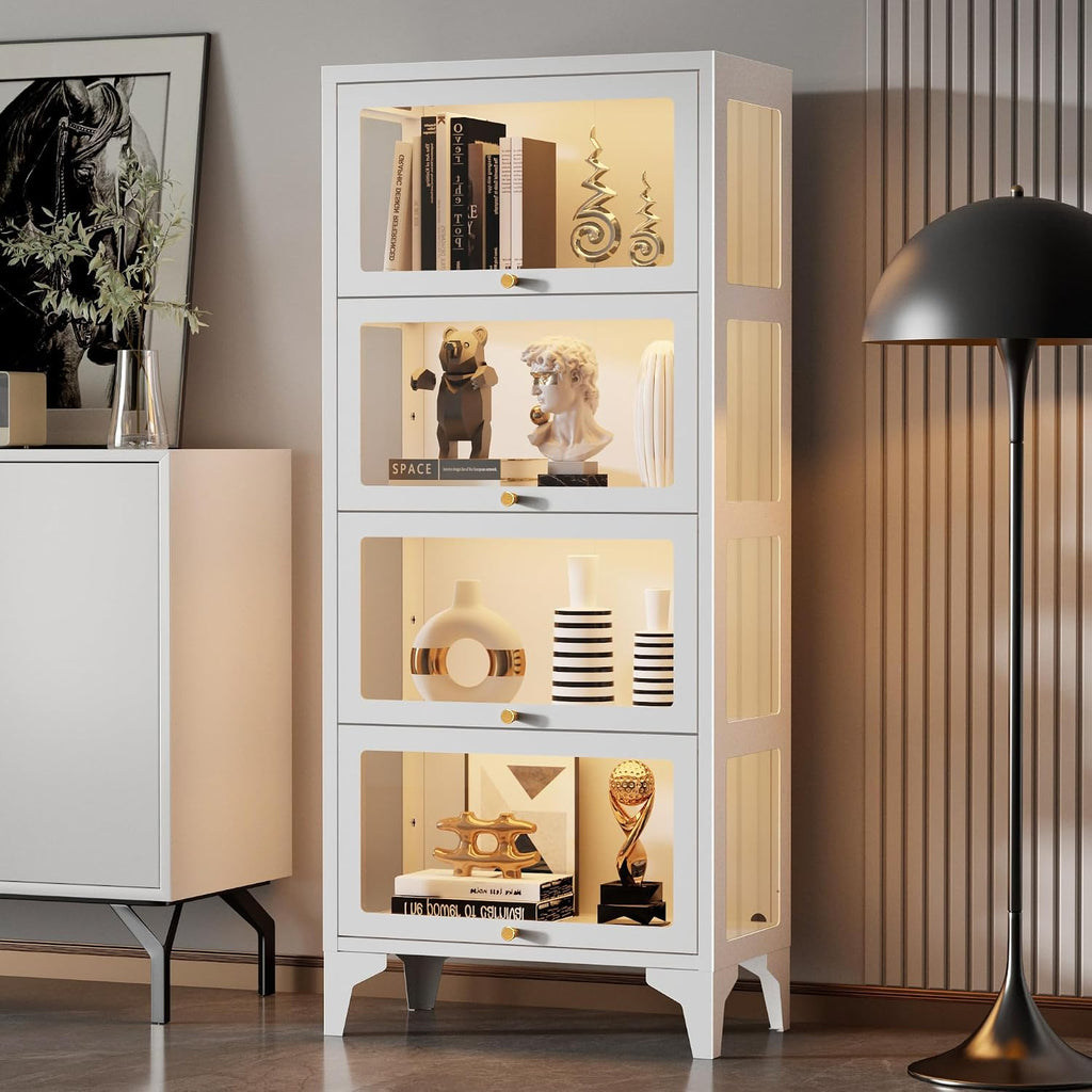 Lucky Monet 4 Tier Curio Display Cabinet with 13-Color LED Lights & Flip-Up Glass Doors, 3-Side Glass Lighted Display Case for Collectibles, Figures, Books, 55' Metal Storage Cabinet, White