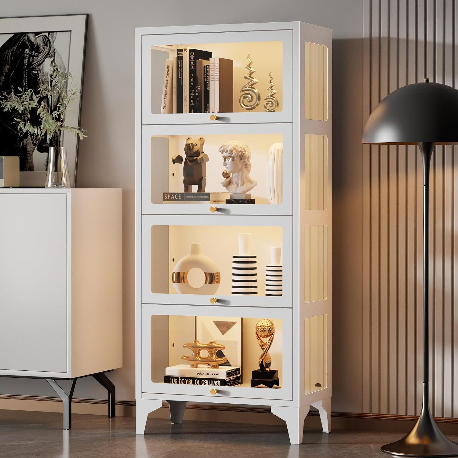 Lucky Monet 4 Tier Curio Display Cabinet with 13-Color LED Lights & Flip-Up Glass Doors, 3-Side Glass Lighted Display Case for Collectibles, Figures, Books, 55' Metal Storage Cabinet, White