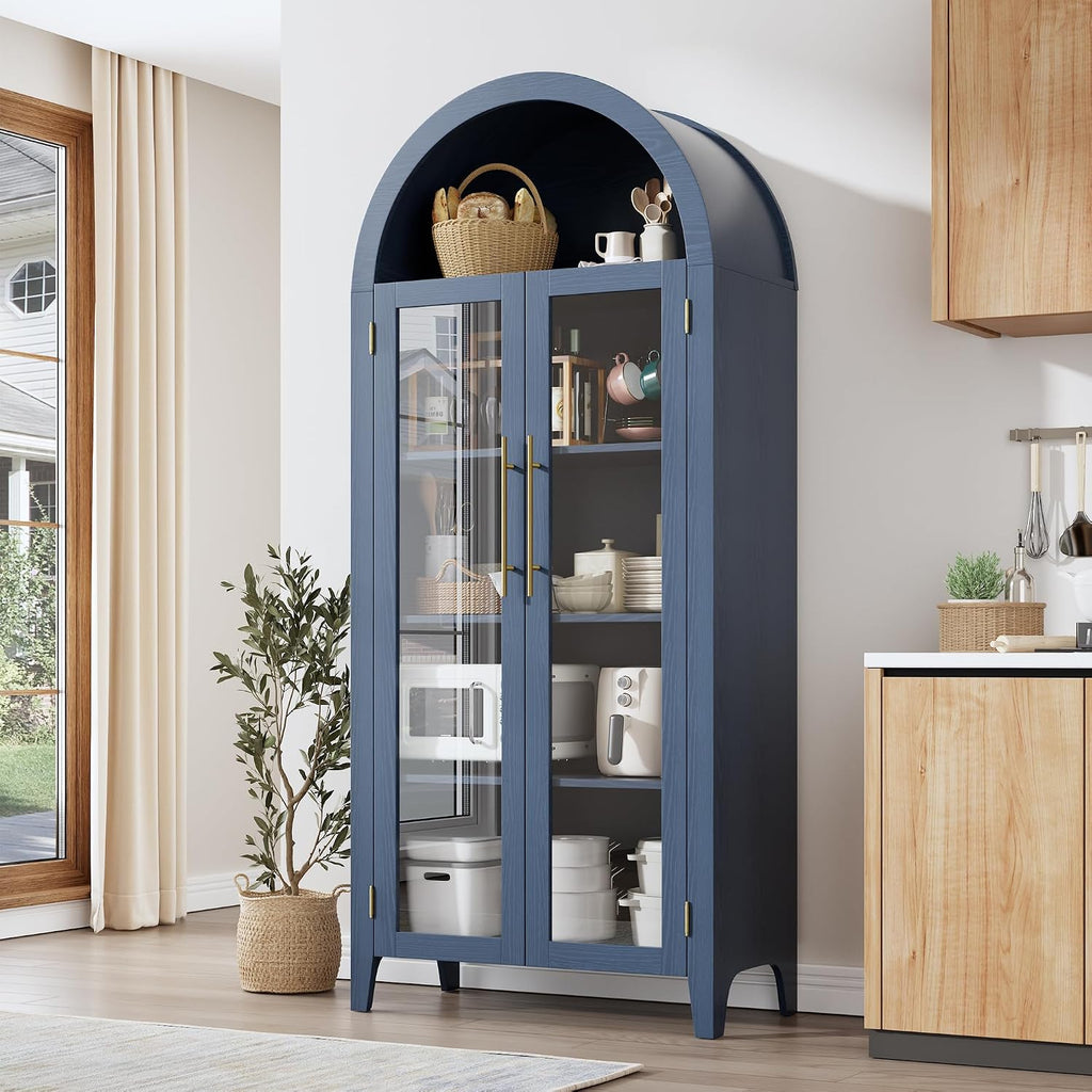 IDEALHOUSE Arched Kitchen Pantry Storage Cabinet - Farmhouse 5-Tier Display Shelf with 2 Large Glass Doors and Adjustable Shelf, Versatile Cupboard for Kitchen, Dining Room, Living Room, Night Blue