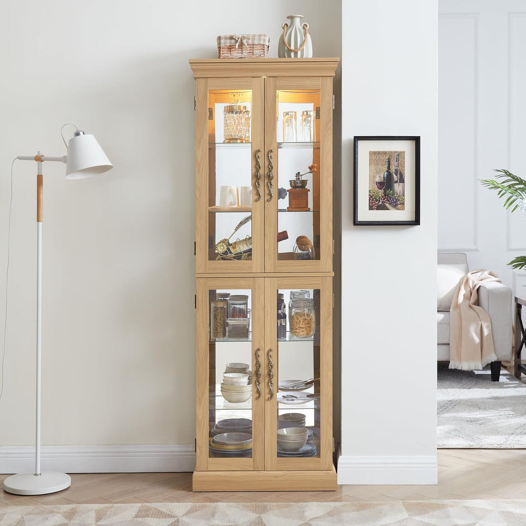 Ball & Cast Lighted Curio Cabinet,6-Tier Glass Display Cabinet with Adjustable Glass Shelves and Mirrored Back Panel for Living Room,Pantry Light Bulb Included,Light Oak