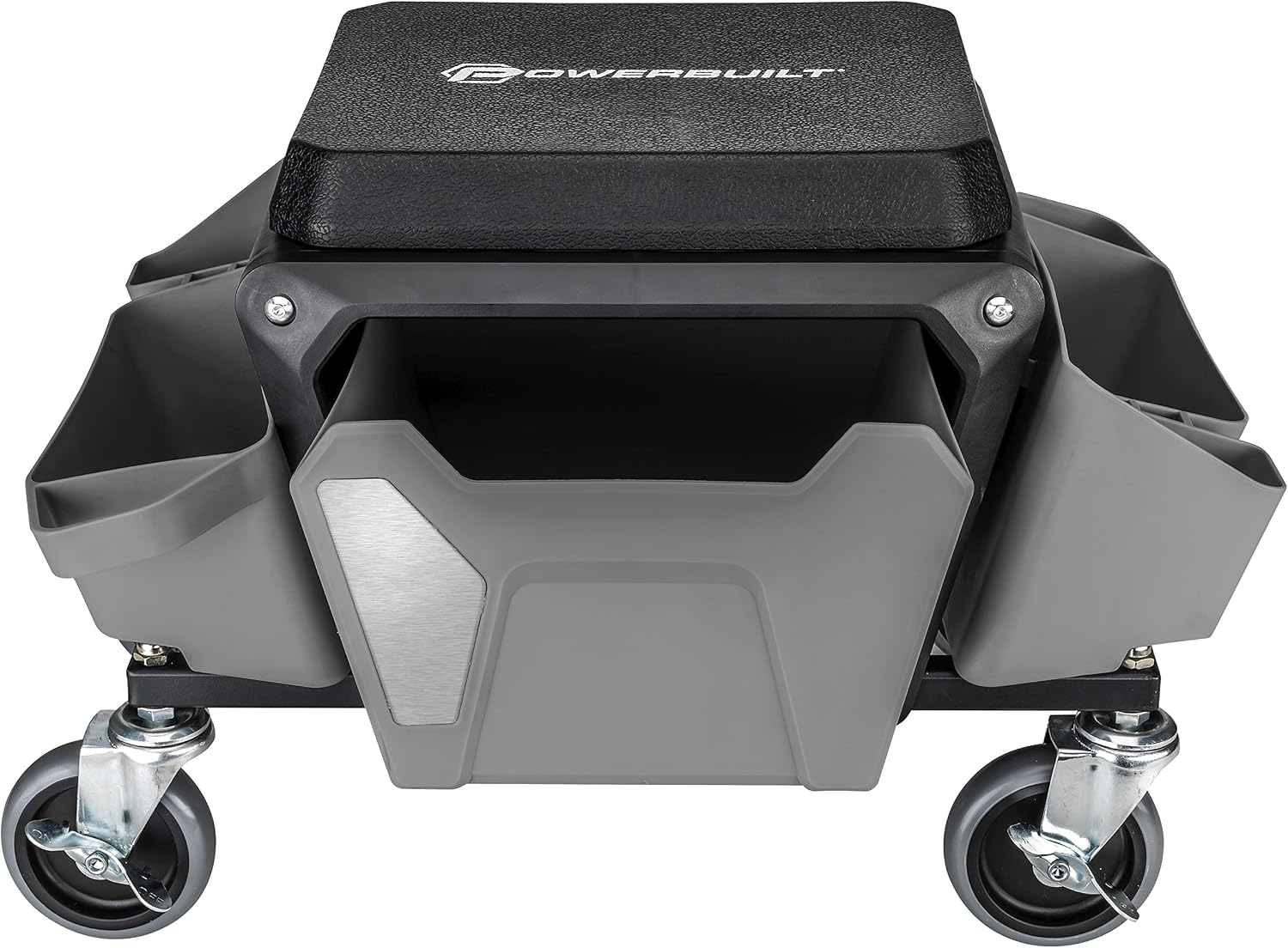 Powerbuilt Rolling Work Seat Brake Stool with 4-inch Rubber Lockable Wheels, Big Seating Platform, Tool Trays and Drawer 330 lb. Capacity, Mechanics, Gardening, Garage - 941881ECE, Grey