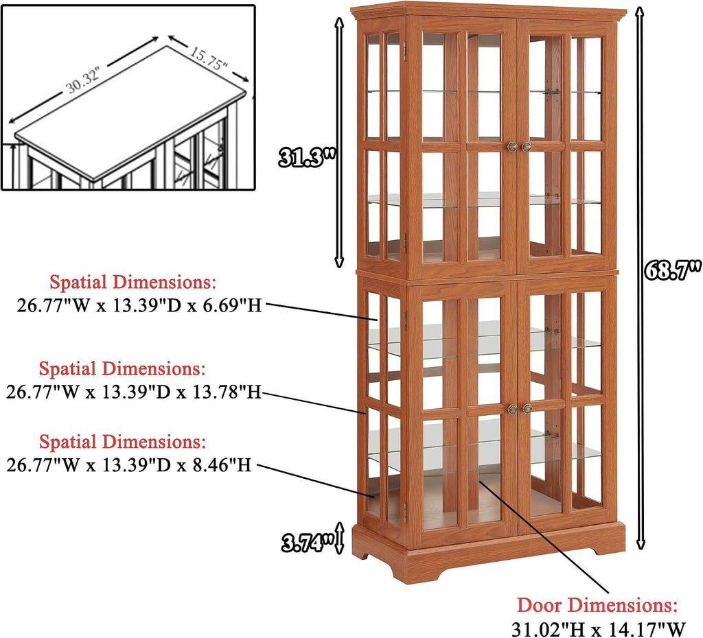 68' H Lighted Curio Display Cabinet Display Case,Wooden Glass Cabinet w/ 4 Adjustable Shelves & Glass Doors, 6 Tier Vintage Accent Storage Case w/Mirrored Back Pane for Home (Dark Oak)
