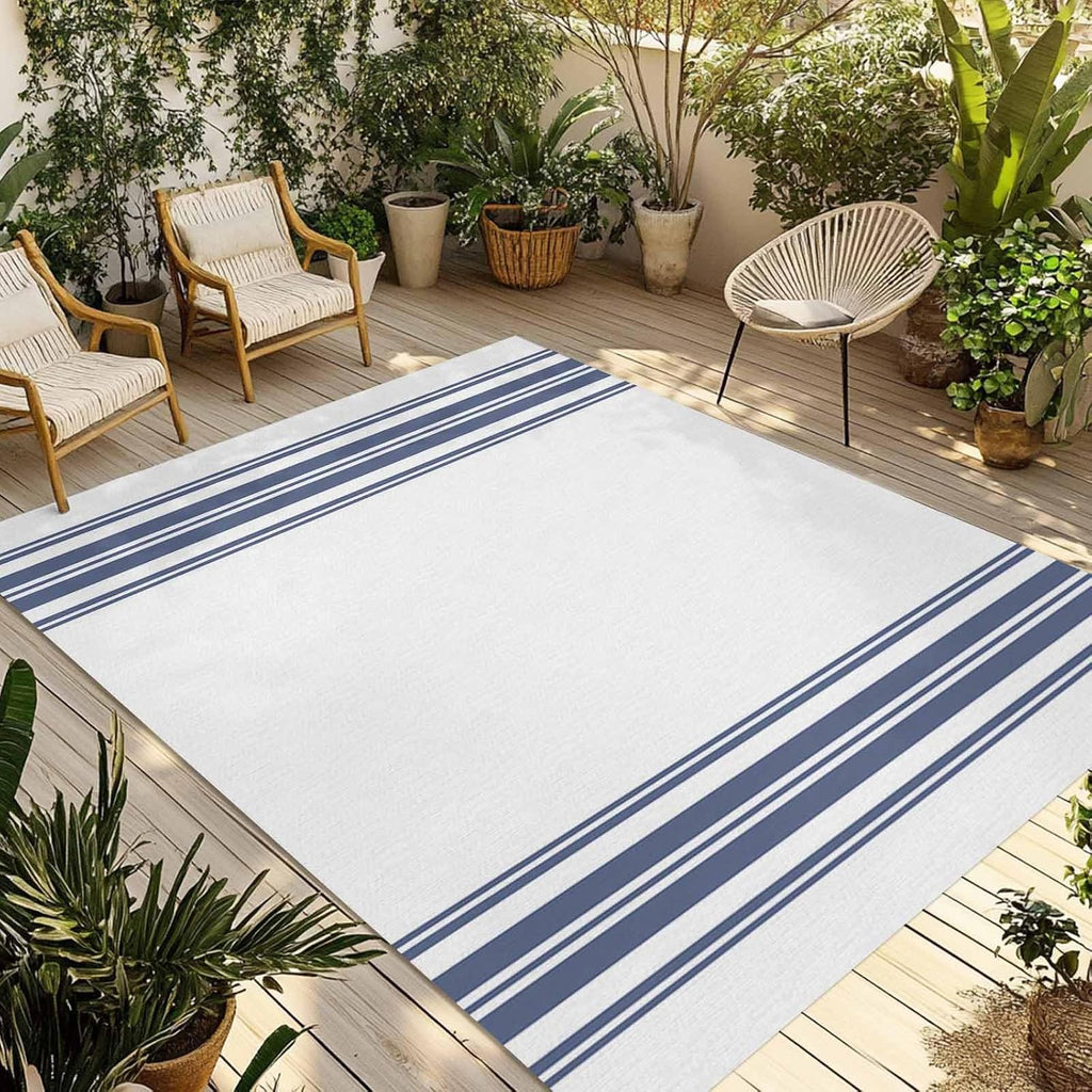 Outdoor Rug 4x6ft Farm Blue Stripes Line Patio Area Rugs Waterproof Easy Cleaning Non Shedding Thick Mats White Carpet for Indoor Outdoor Porch Deck Backyard Balcony