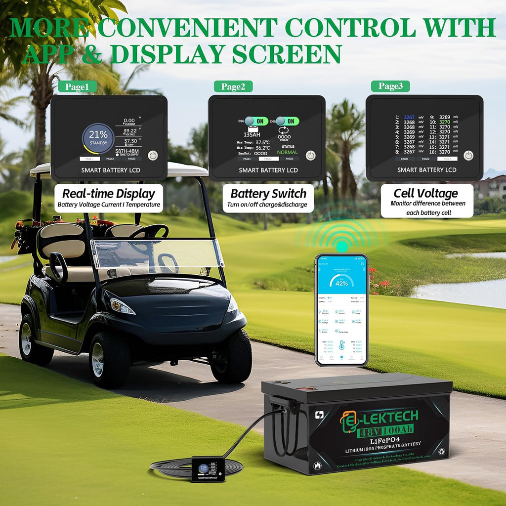 48V 100Ah Golf Cart LiFePO4 Lithium Battery Built-in 200A BMS, Up to 10000 Deep Cycle, Low Temperature Cut Off Lithium Battery, Perfect for Golf Cart, RV, Solar, Marine